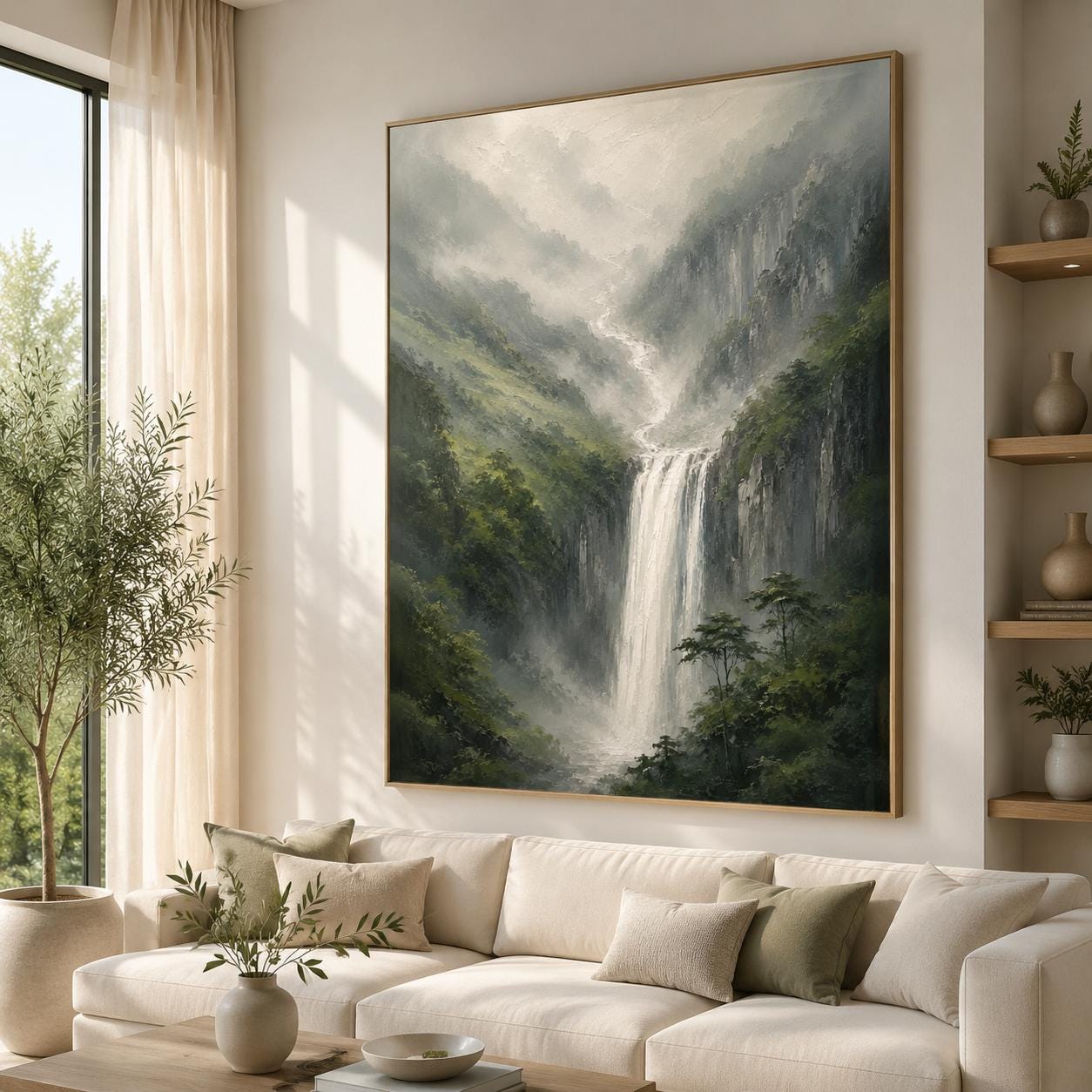 Waterfall Landscape Wall Art, Misty Mountain Canvas Painting, Vertical Nature Artwork