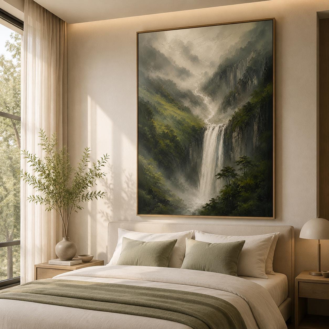Waterfall Landscape Wall Art, Misty Mountain Canvas Painting, Vertical Nature Artwork