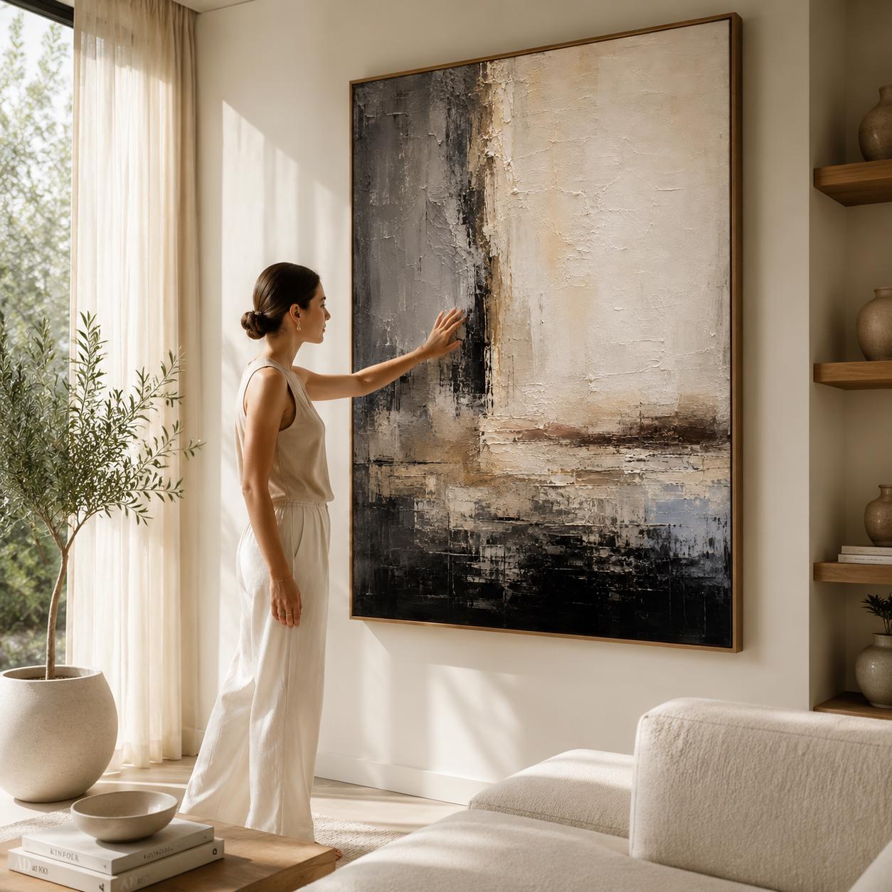 Neutral Abstract Wall Art, Modern Textured Canvas Painting, Vertical Minimalist Artwork