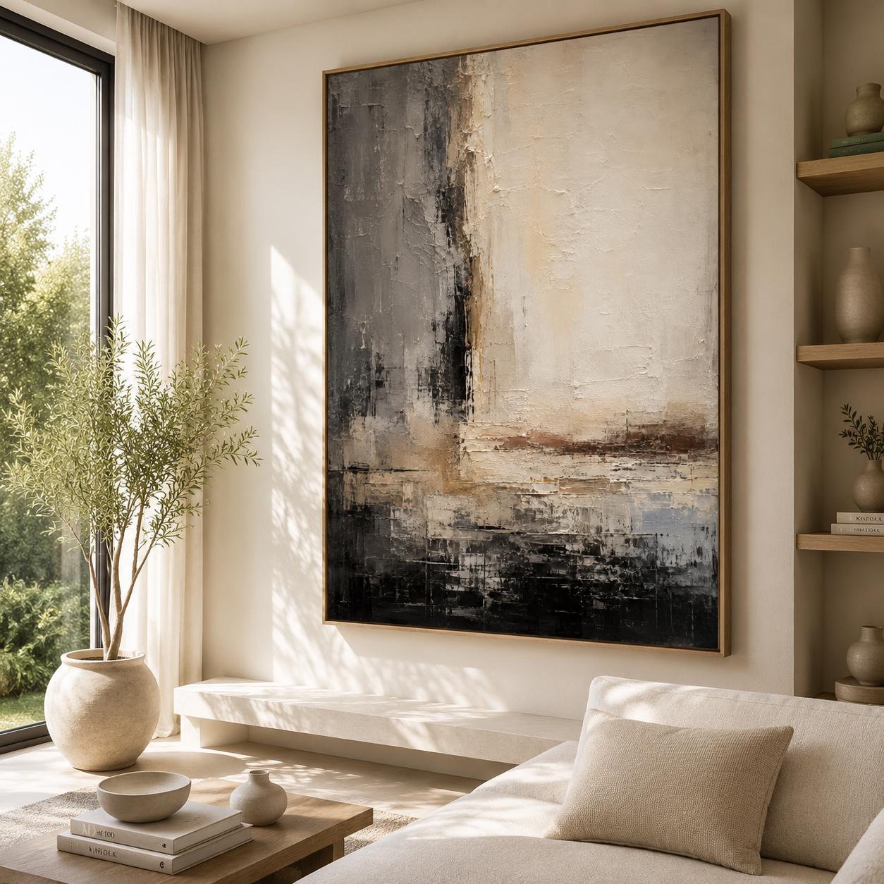 Neutral Abstract Wall Art, Modern Textured Canvas Painting, Vertical Minimalist Artwork