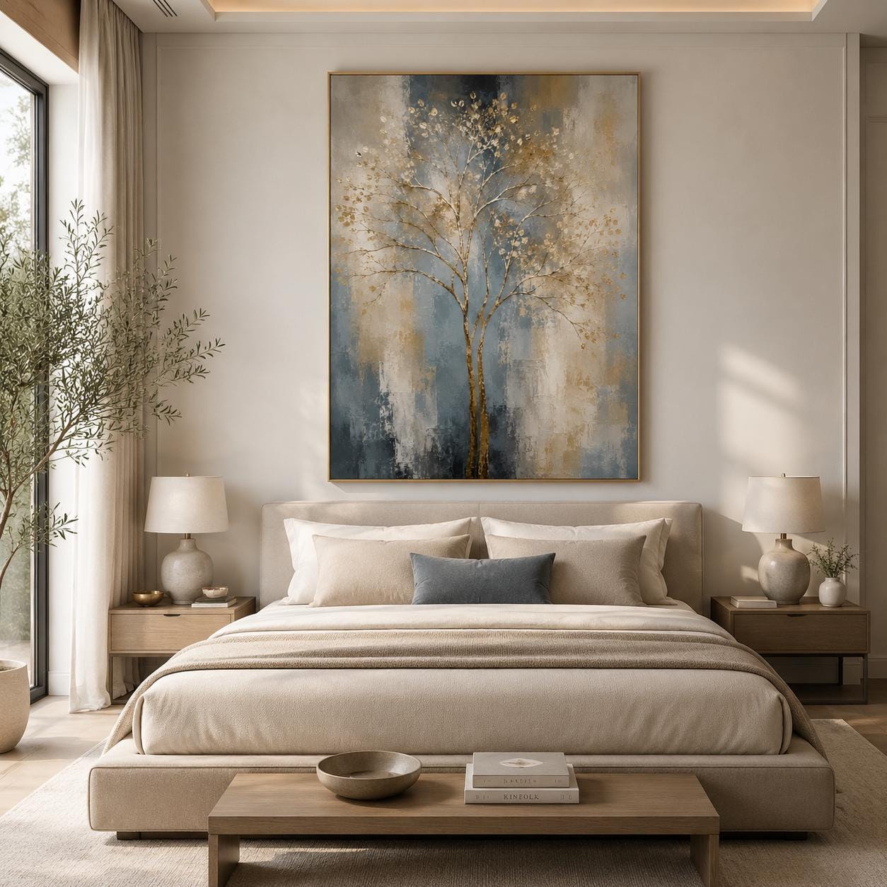 Textured Gold Tree Wall Art, Contemporary Canvas Painting, Vertical Neutral Artwork