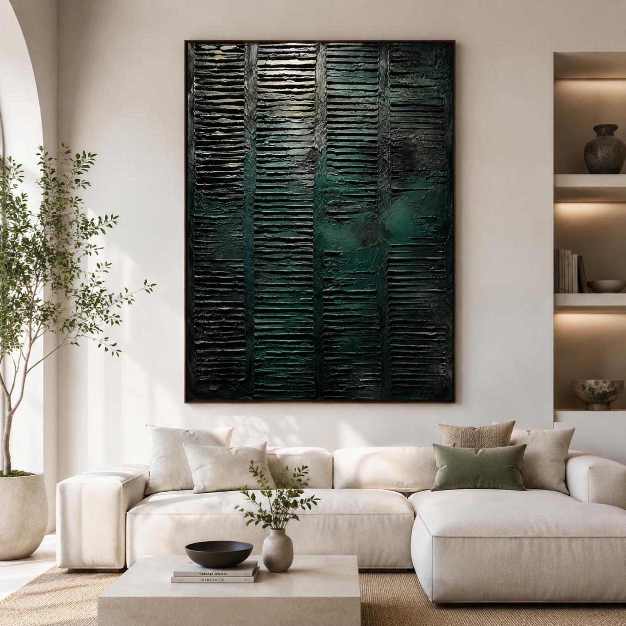 Dark Green Textured Abstract Wall Art, Modern Canvas Painting, Contemporary Minimalist Decor