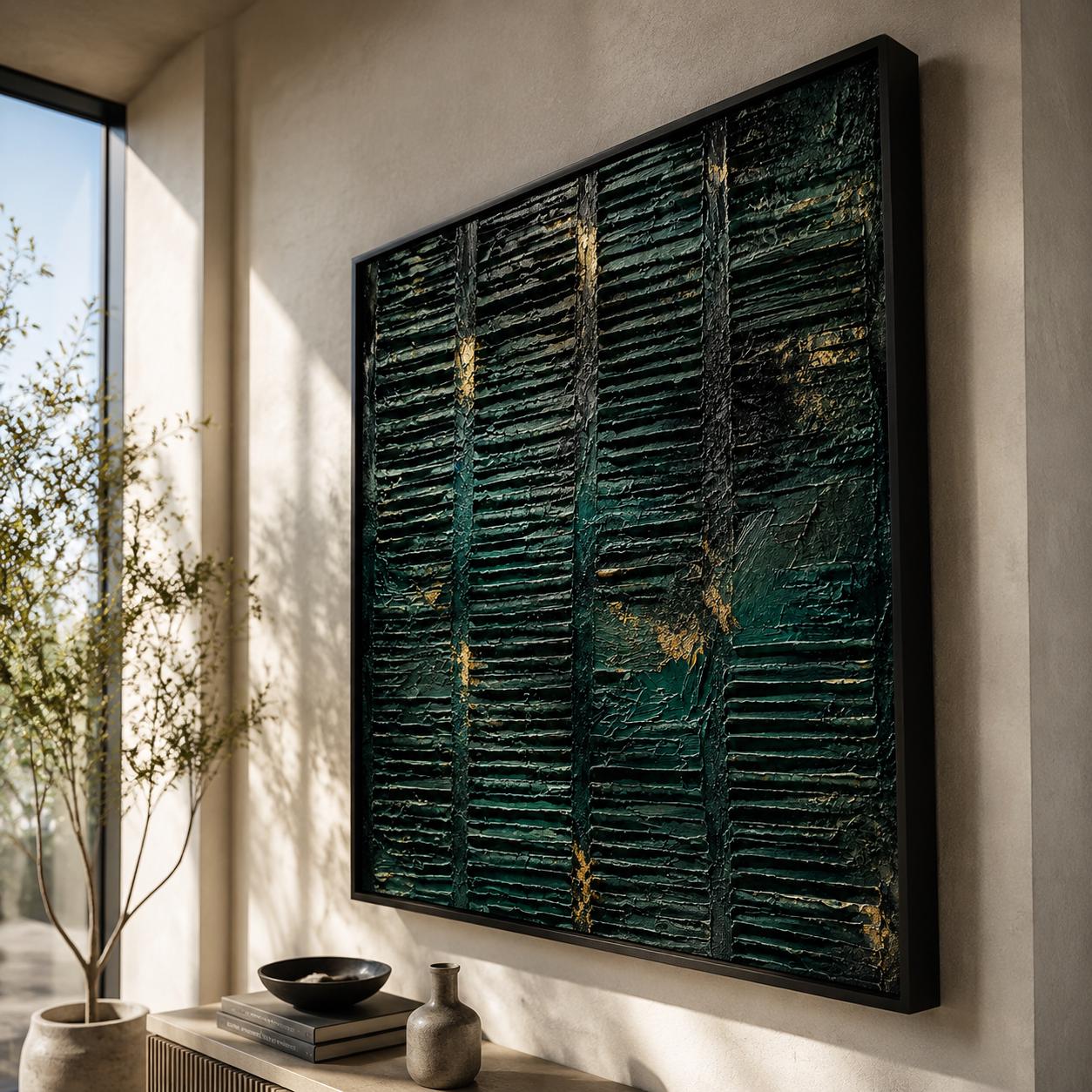 Dark Green Textured Abstract Wall Art, Modern Canvas Painting, Contemporary Minimalist Decor