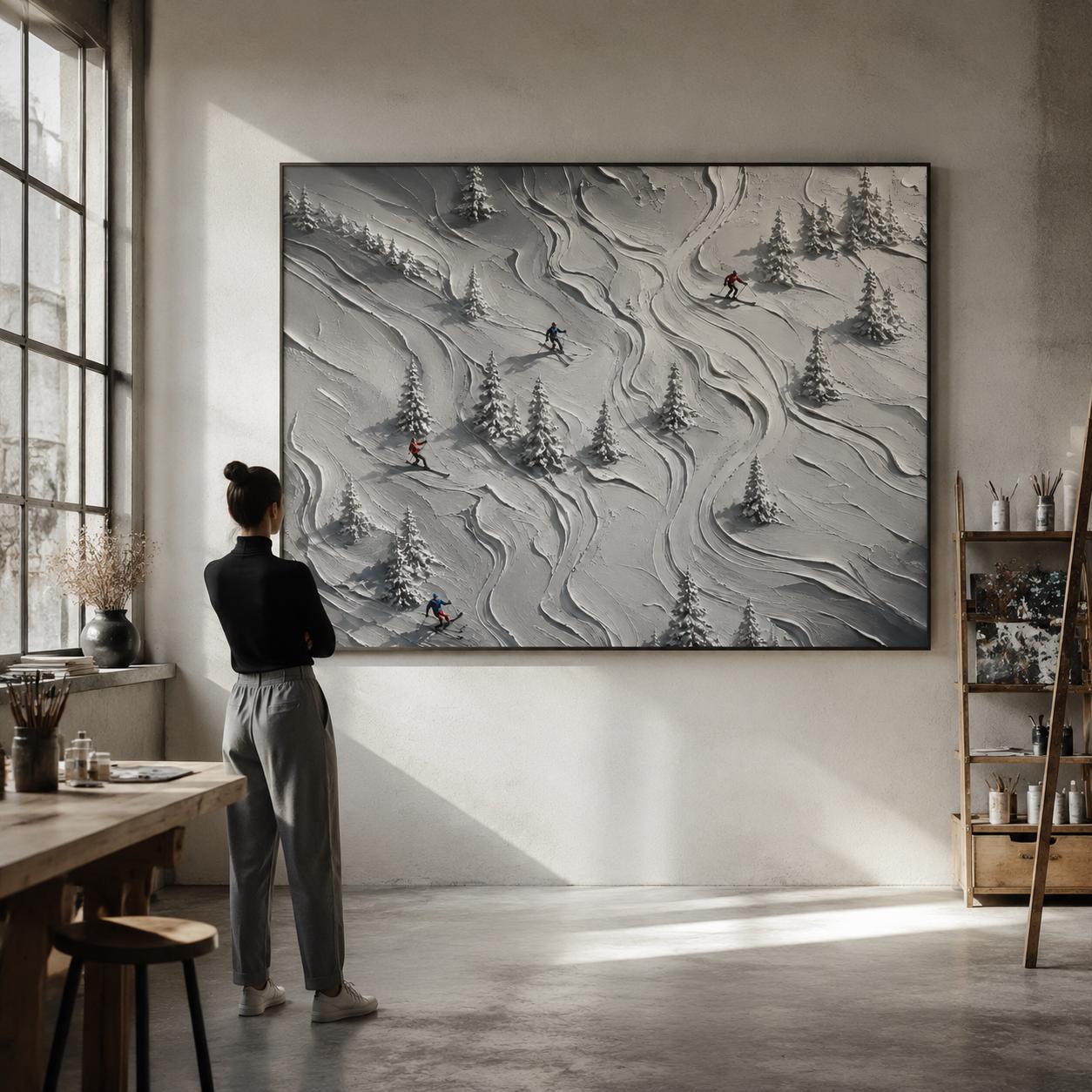 Textured Skiers in Winter Landscape – Modern Canvas Painting, Snowy Mountain Wall Art