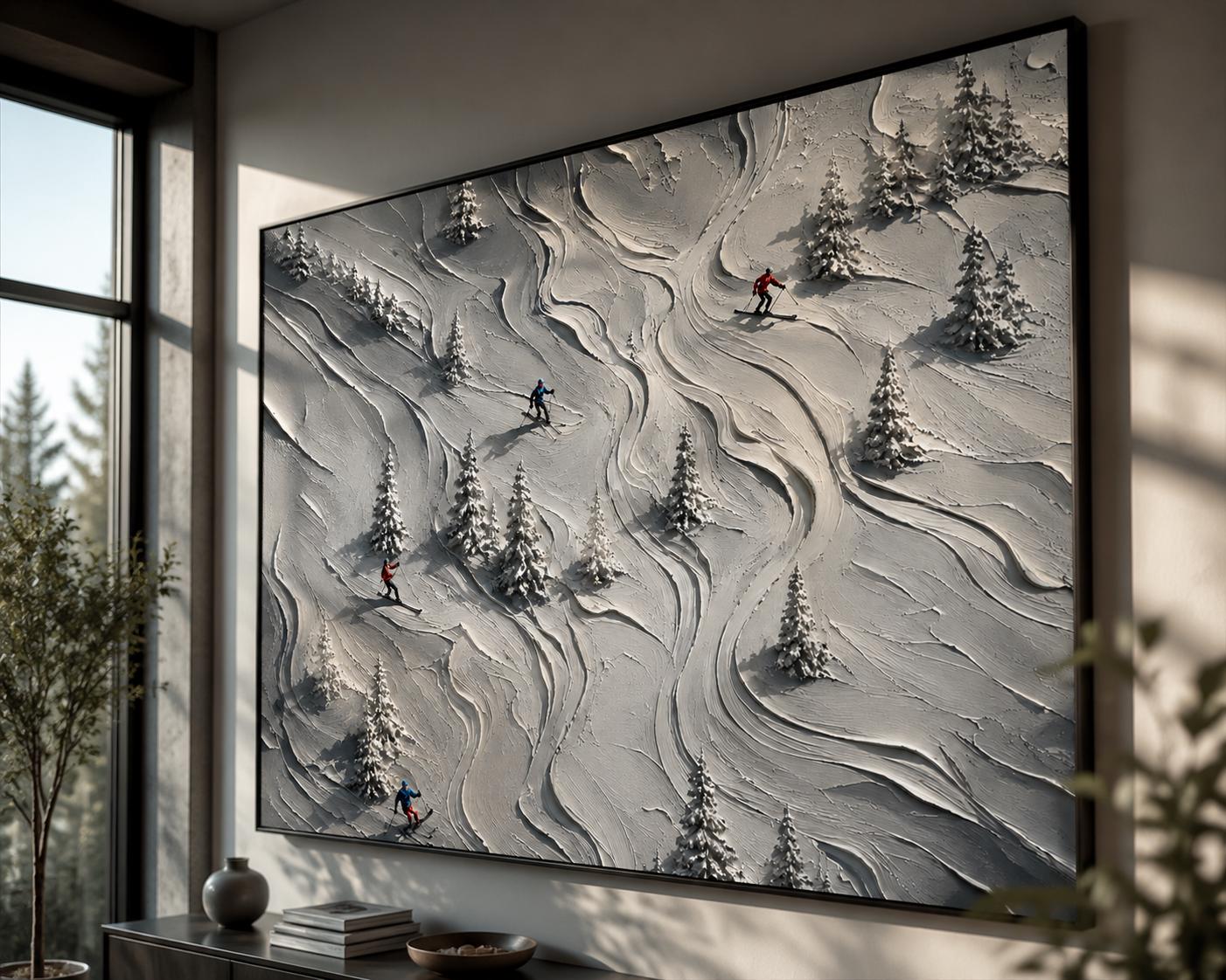 Textured Skiers in Winter Landscape – Modern Canvas Painting, Snowy Mountain Wall Art