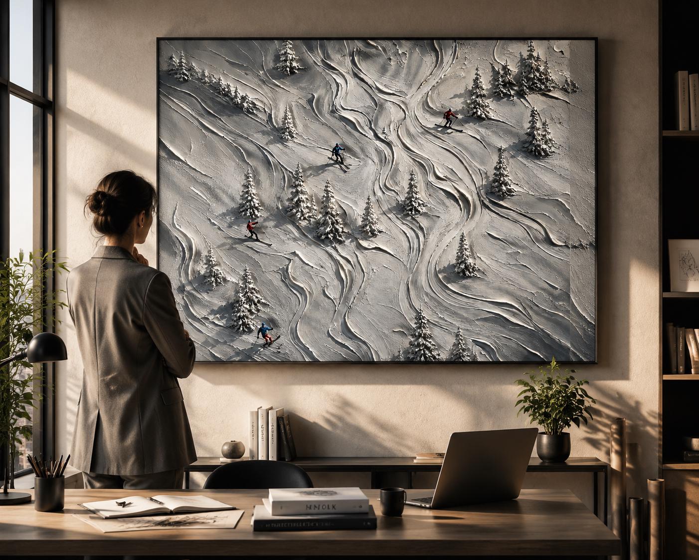 Textured Skiers in Winter Landscape – Modern Canvas Painting, Snowy Mountain Wall Art