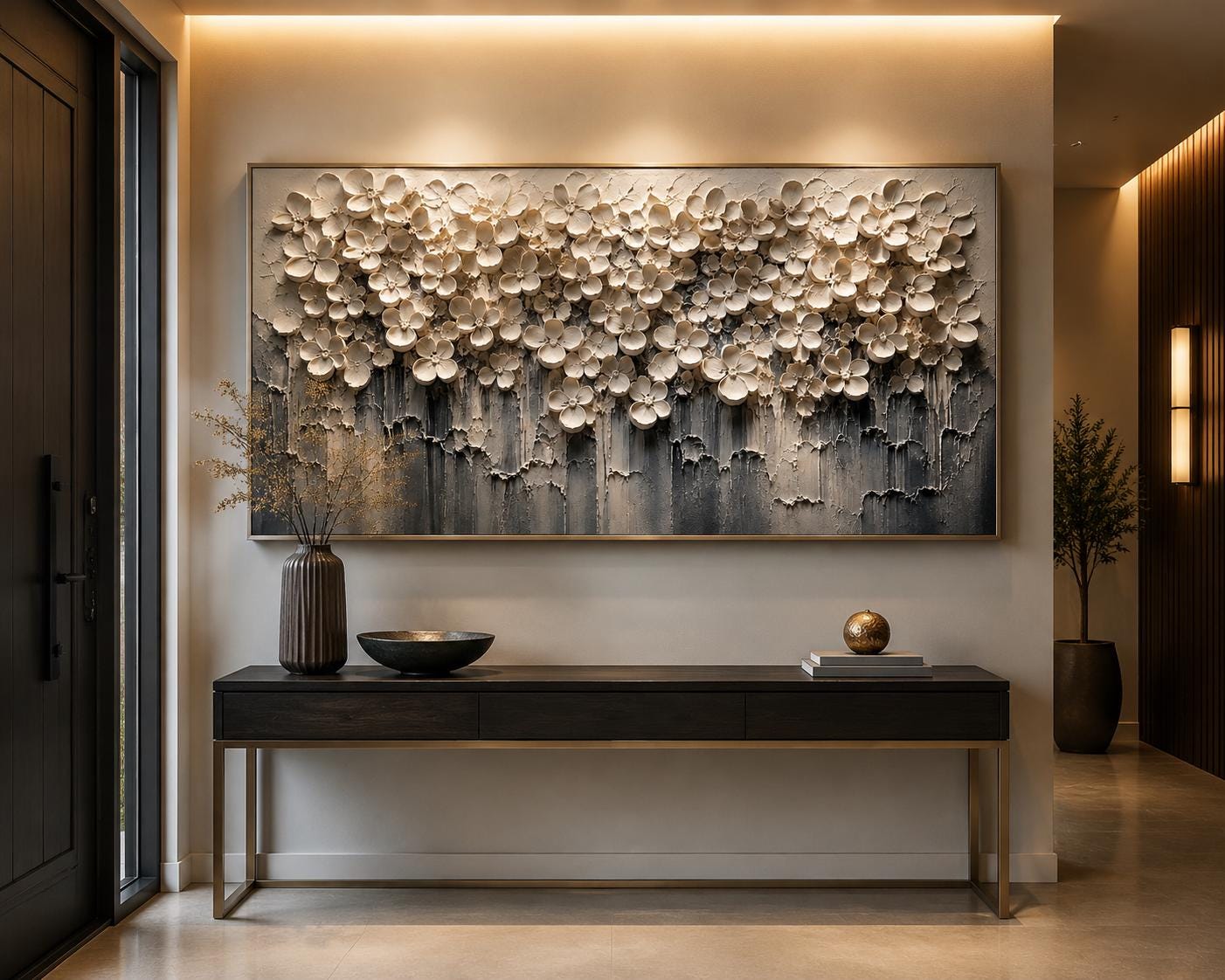 Textured 3D Floral Canvas – Modern Neutral Wall Art, Contemporary Textured Flowers