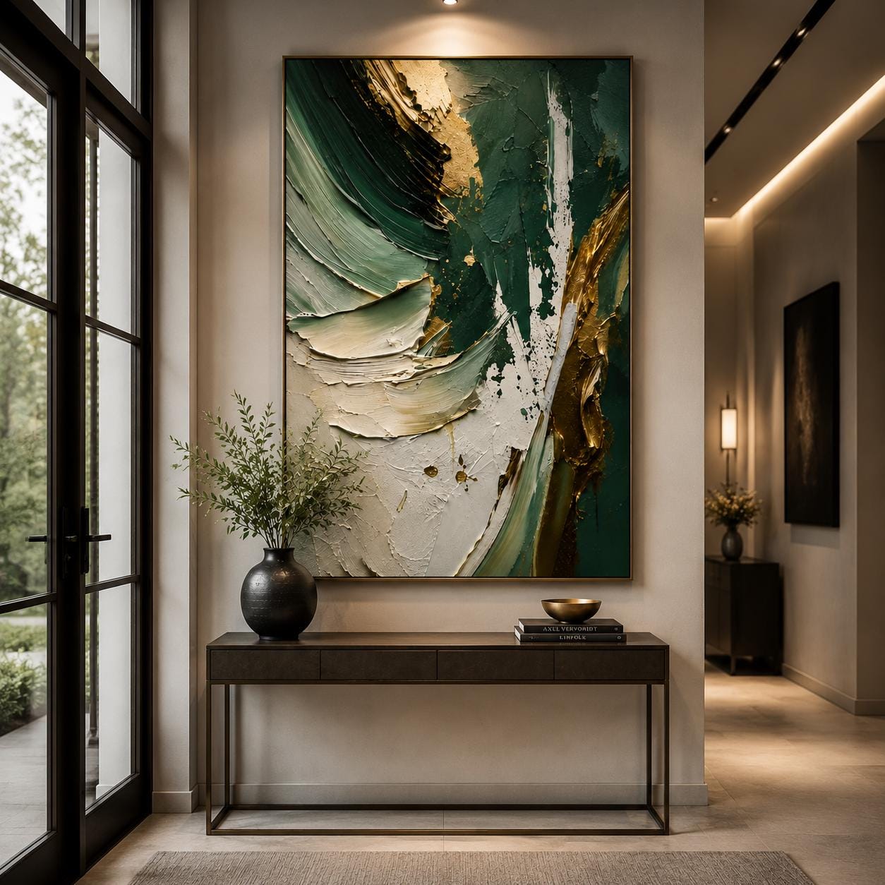 Textured Abstract Green & Gold Canvas – Modern Impasto Wall Art