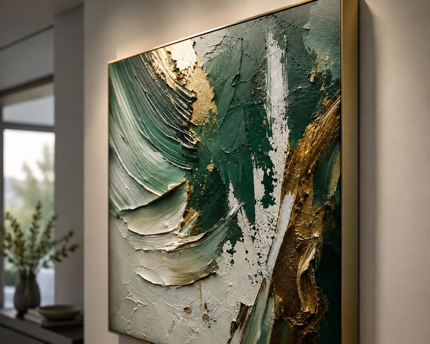 Textured Abstract Green & Gold Canvas – Modern Impasto Wall Art