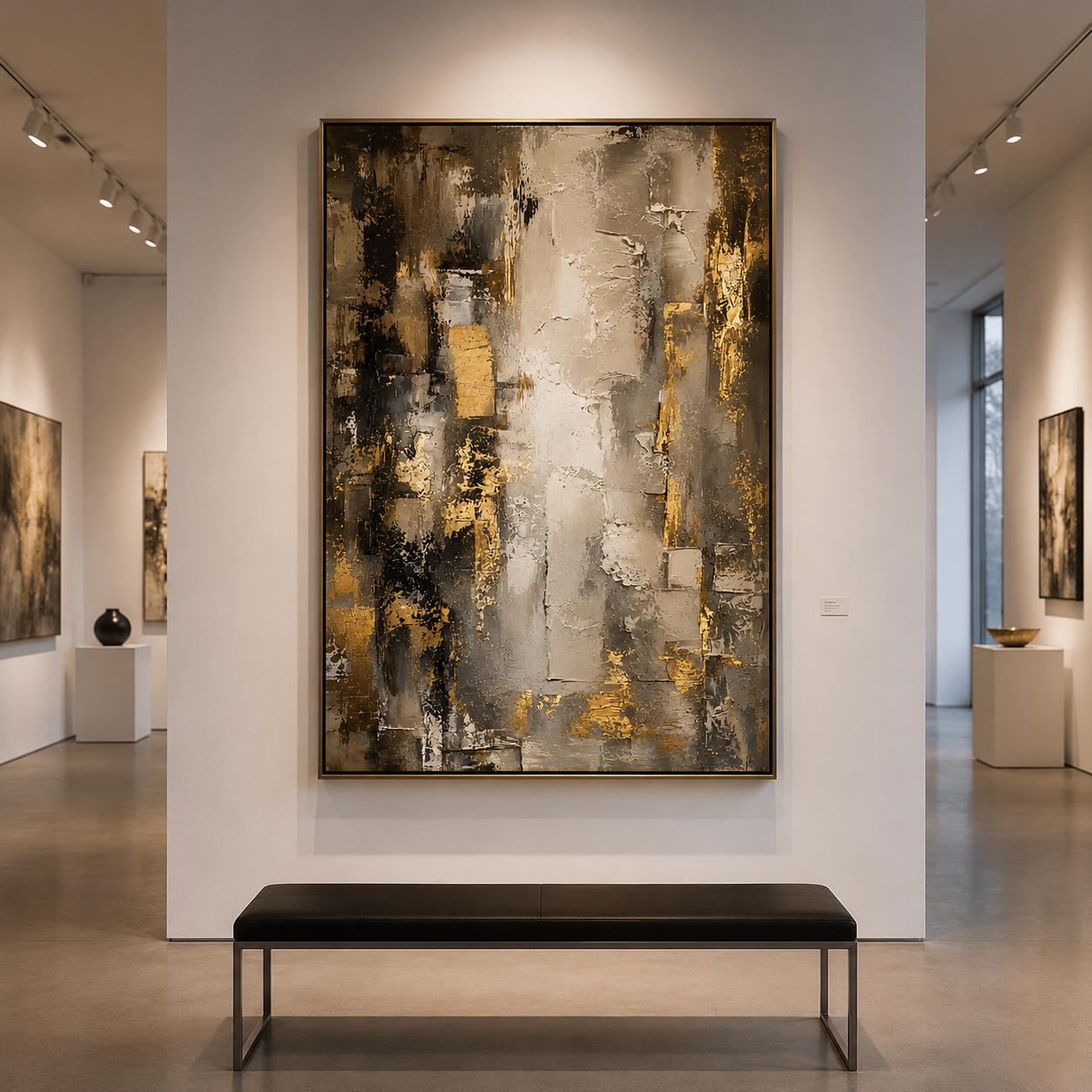 Textured Abstract Grey & Gold Canvas – Modern Impasto Wall Art