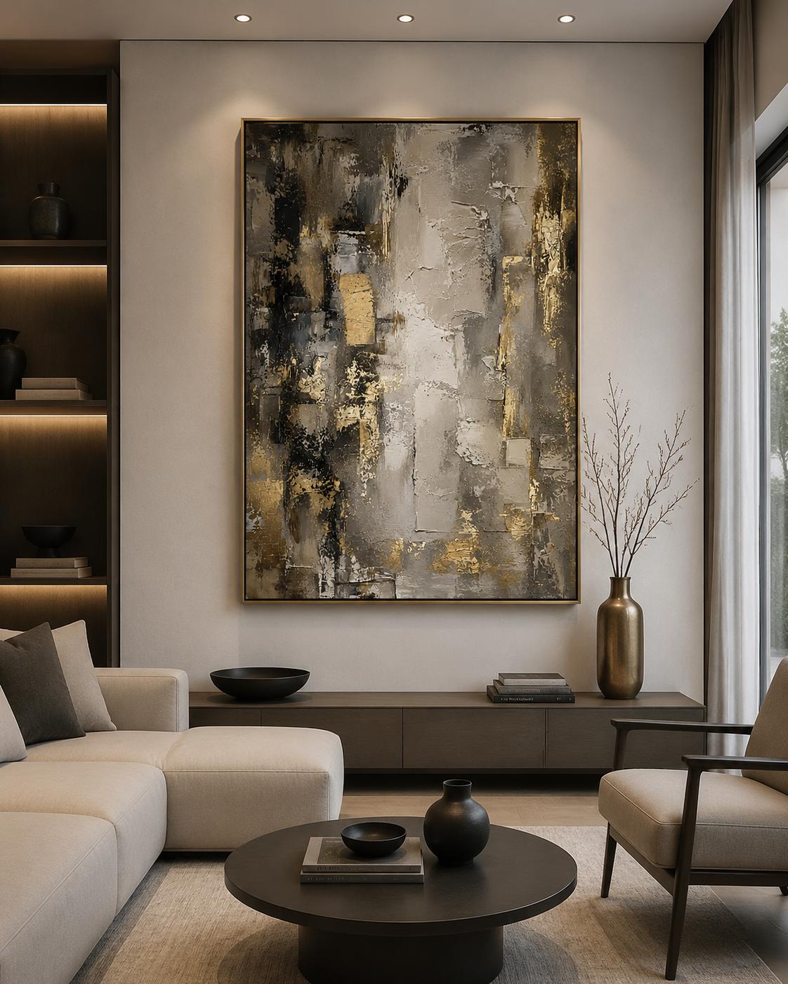 Textured Abstract Grey & Gold Canvas – Modern Impasto Wall Art