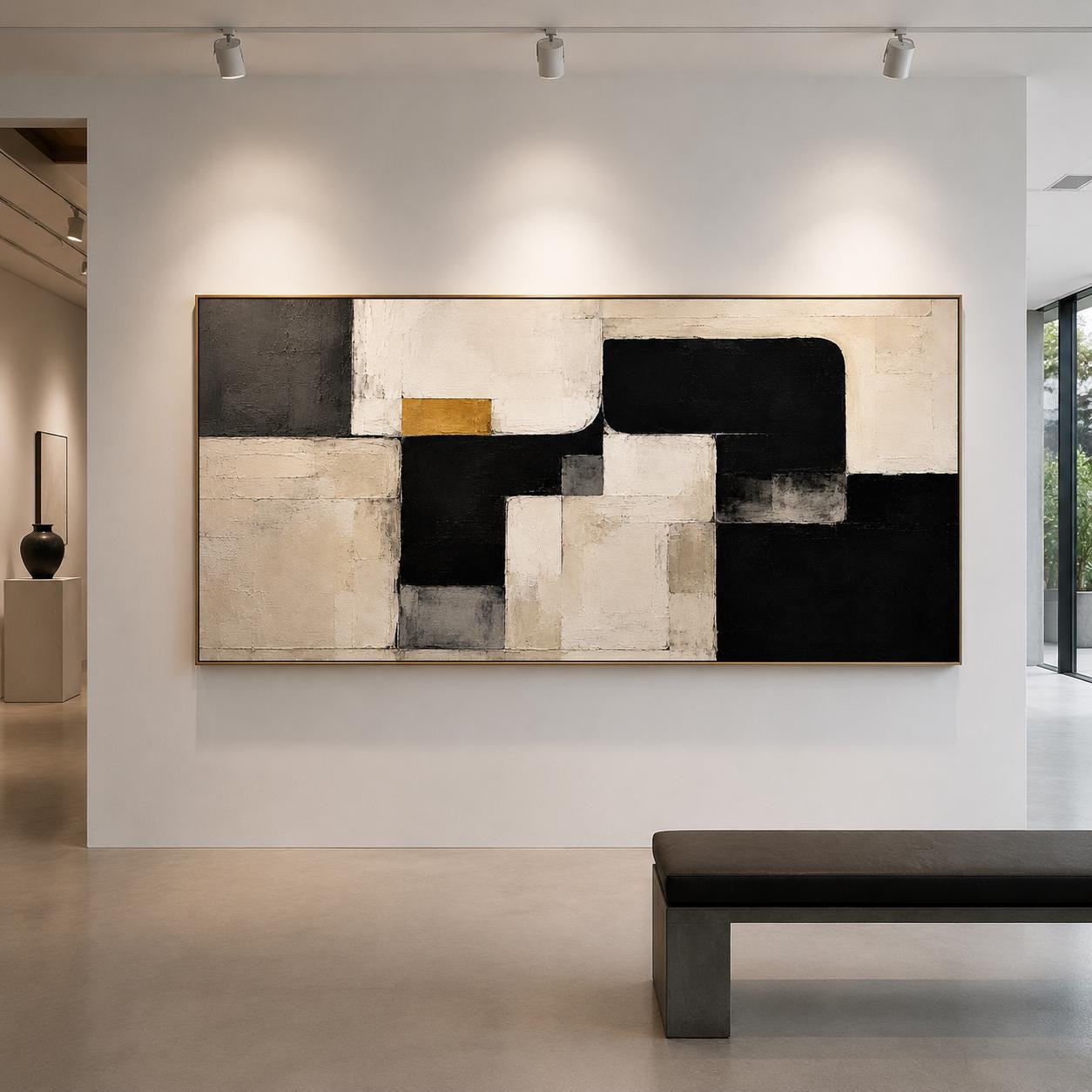 Textured Abstract Geometric Canvas – Modern Wall Art, Black, White & Gold
