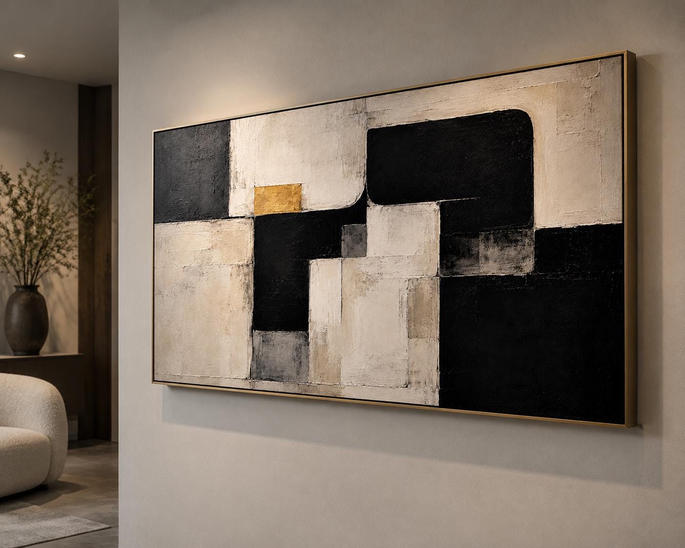Textured Abstract Geometric Canvas – Modern Wall Art, Black, White & Gold