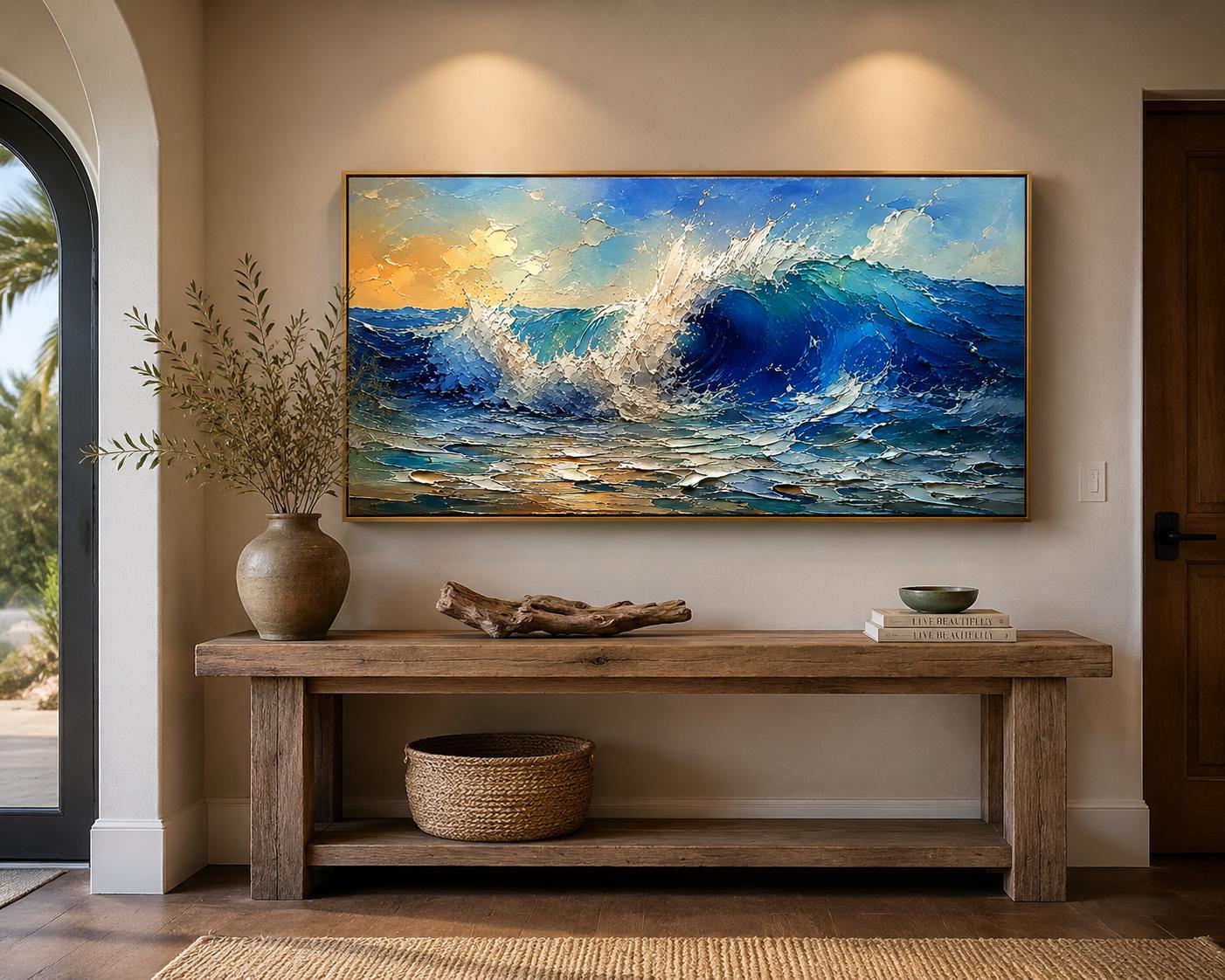 Textured Ocean Wave Painting, Blue Sea Canvas Art, Palette Knife Art