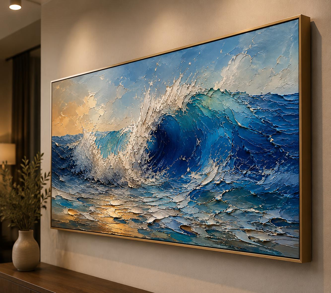 Textured Ocean Wave Painting, Blue Sea Canvas Art, Palette Knife Art