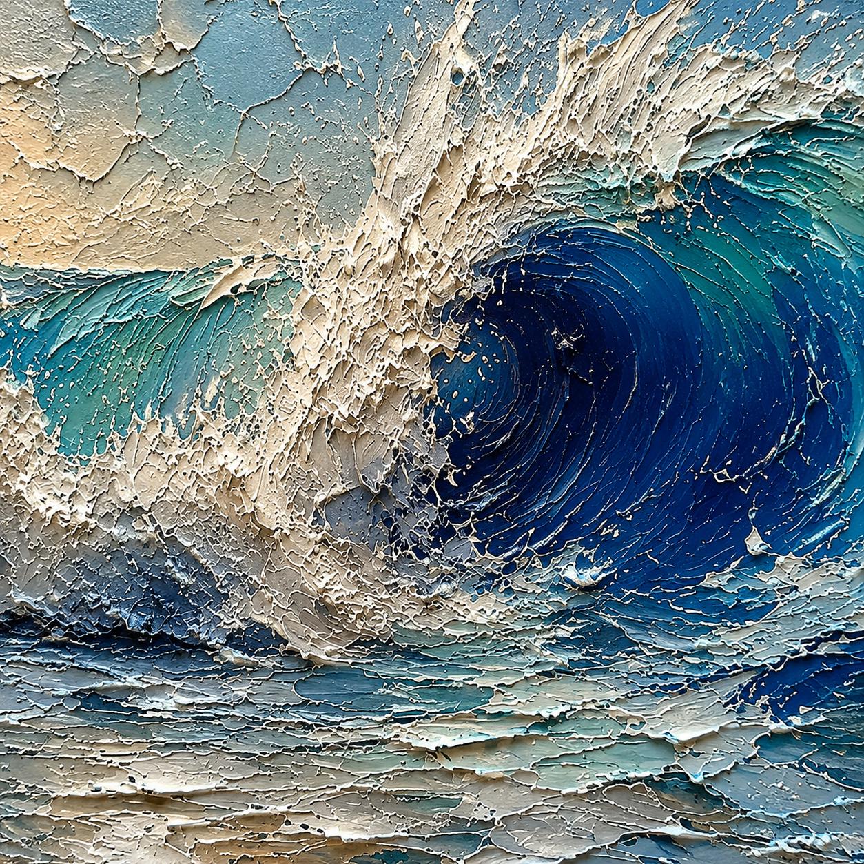 Textured Ocean Wave Painting, Blue Sea Canvas Art, Palette Knife Art