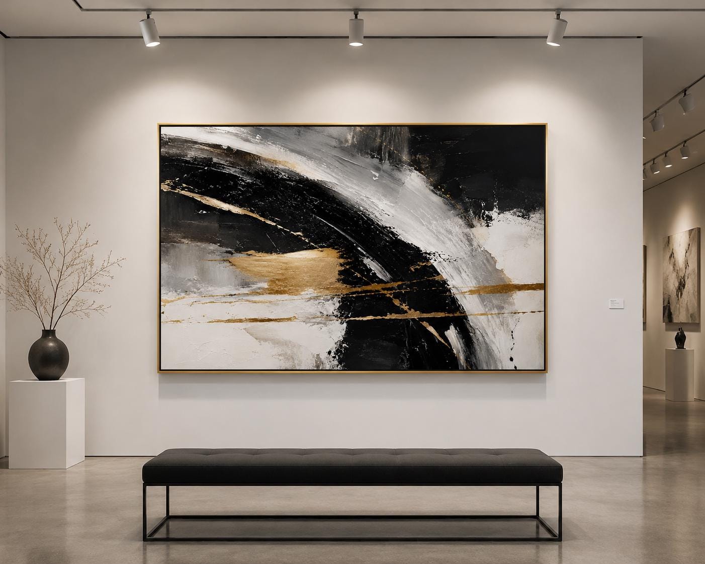 Textured Abstract Black & Gold Painting, Modern Impasto Canvas Art