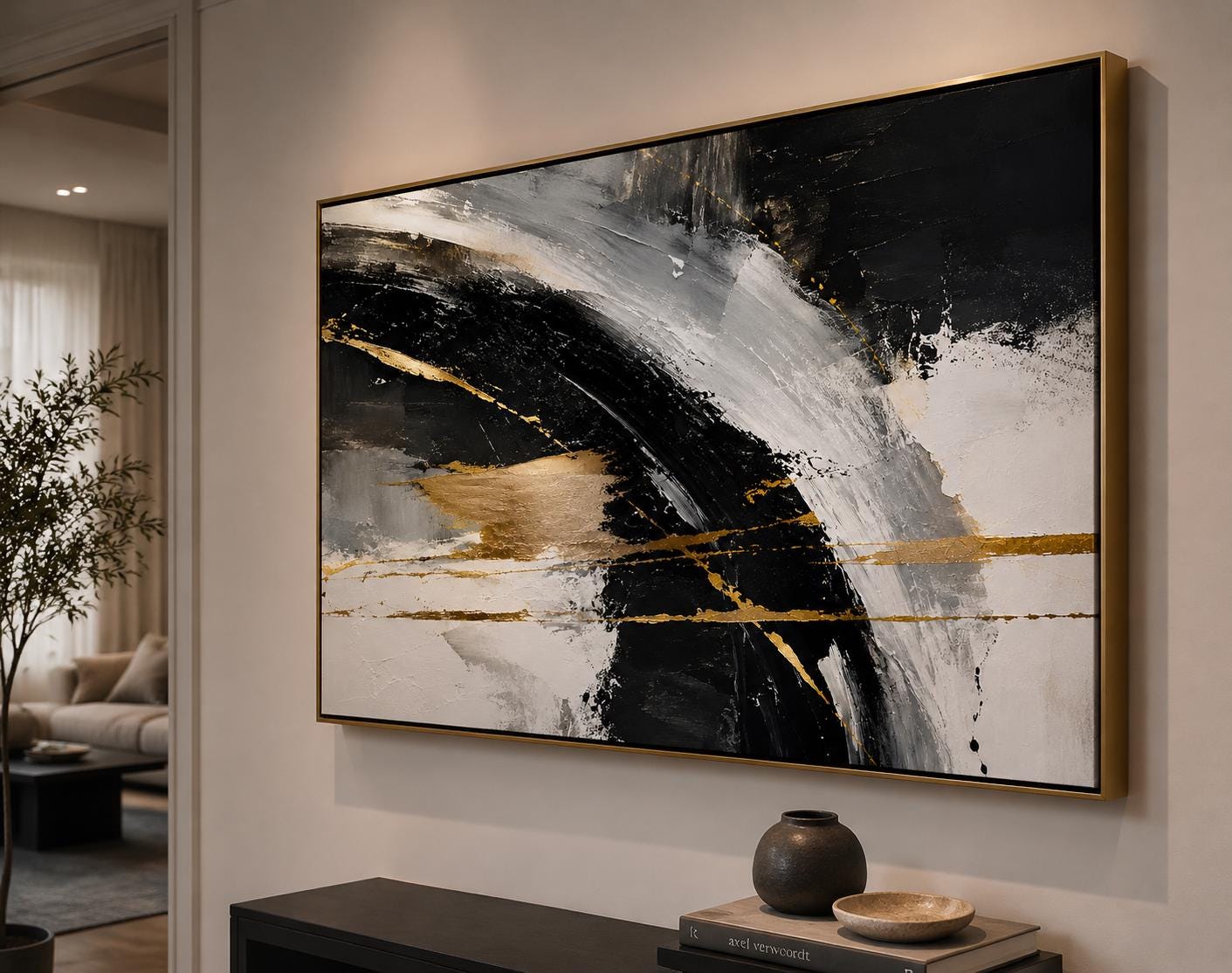 Textured Abstract Black & Gold Painting, Modern Impasto Canvas Art