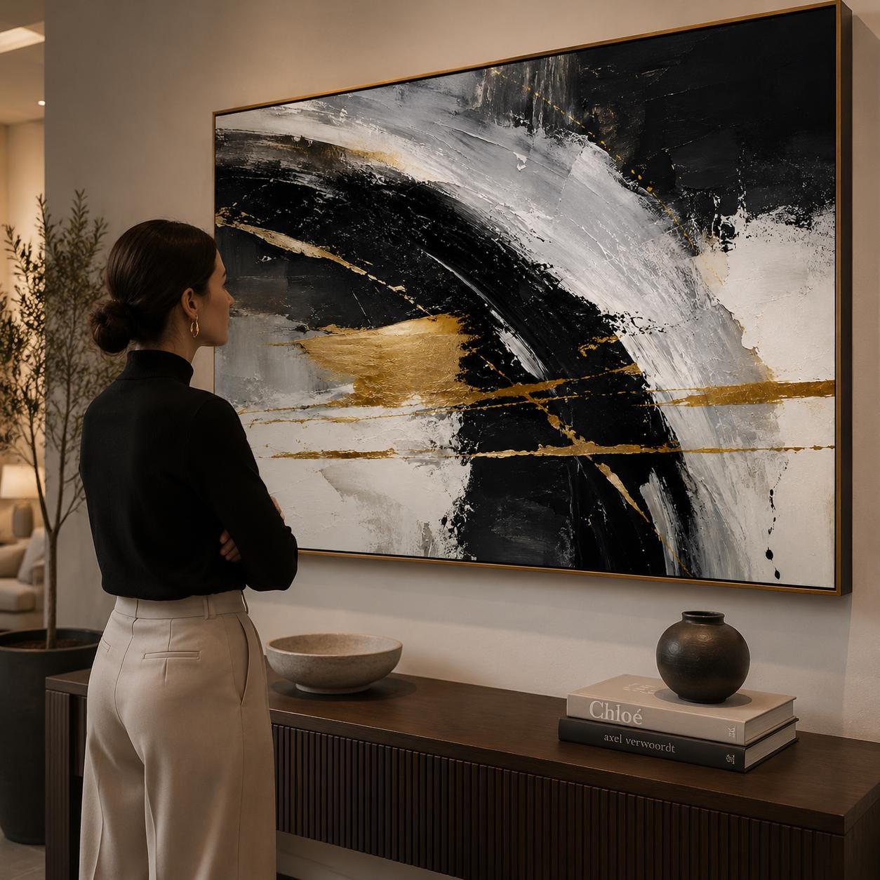 Textured Abstract Black & Gold Painting, Modern Impasto Canvas Art