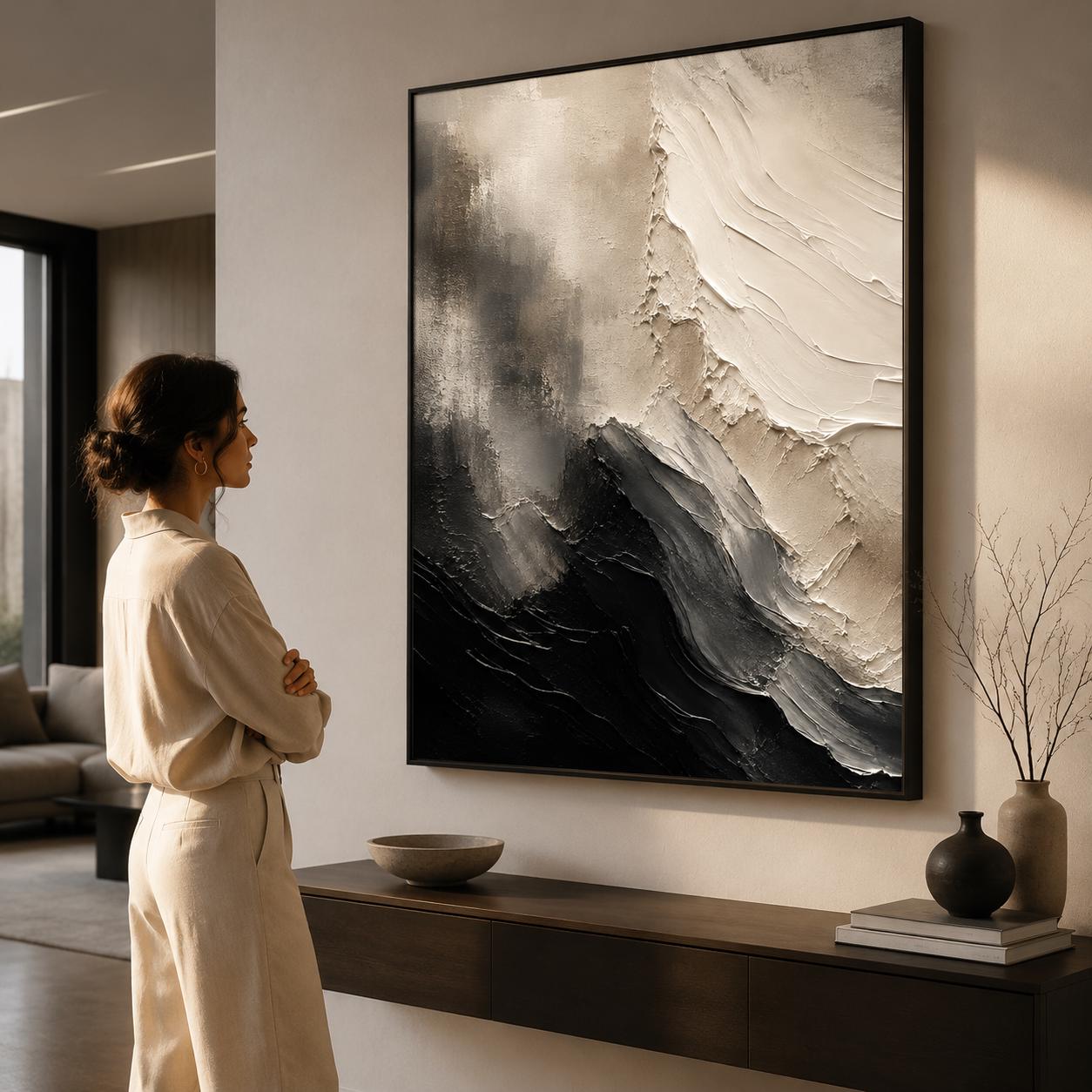 Textured Abstract Monochrome Painting, Black & White Impasto Canvas Art