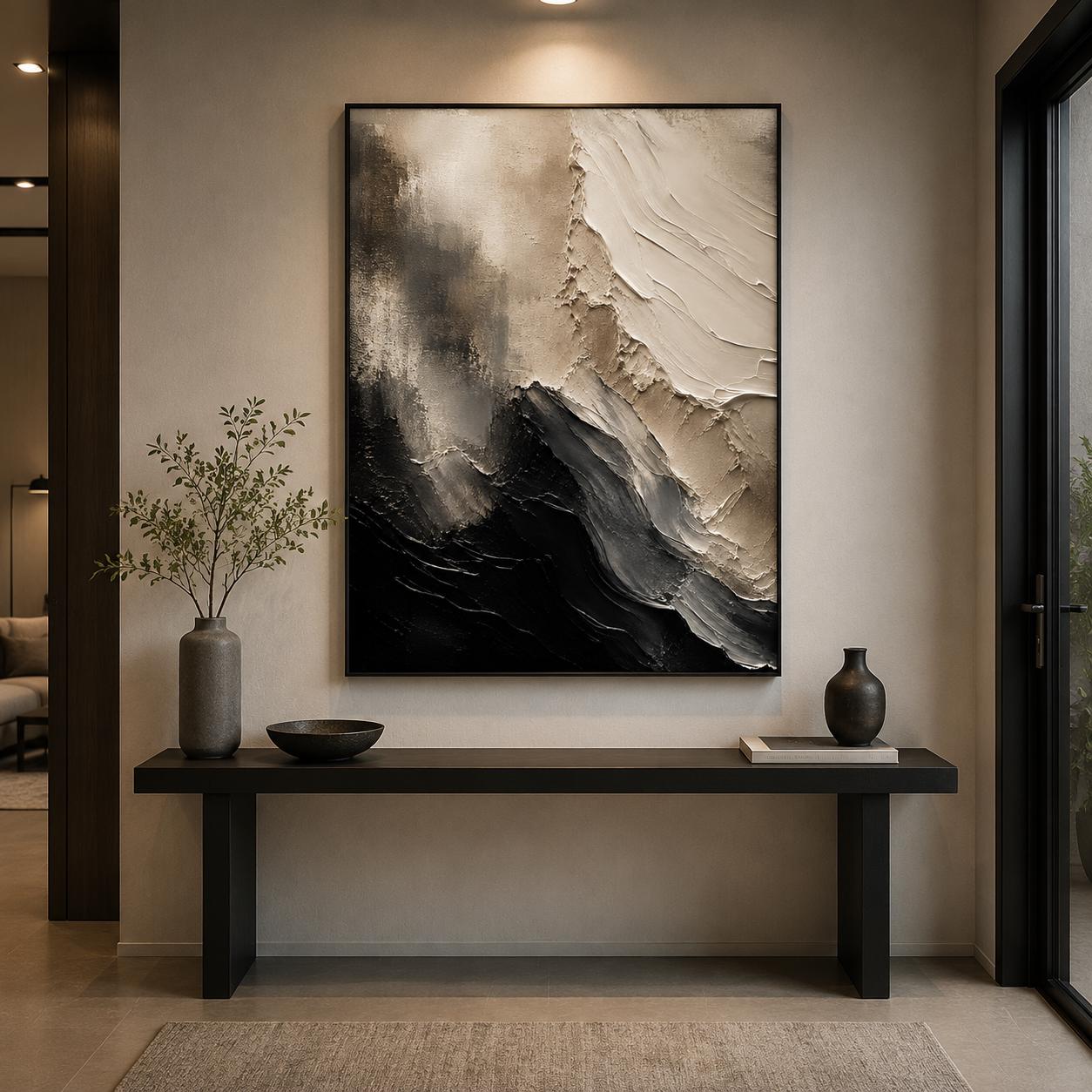 Textured Abstract Monochrome Painting, Black & White Impasto Canvas Art