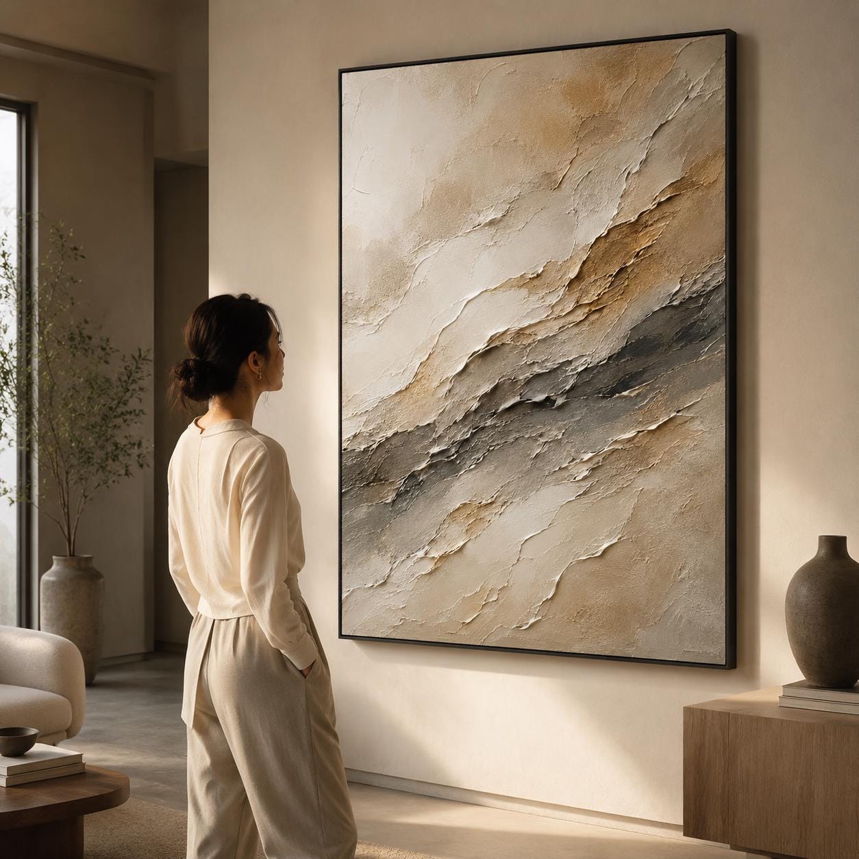 Textured Abstract Neutral Canvas Painting, Layered Impasto Art