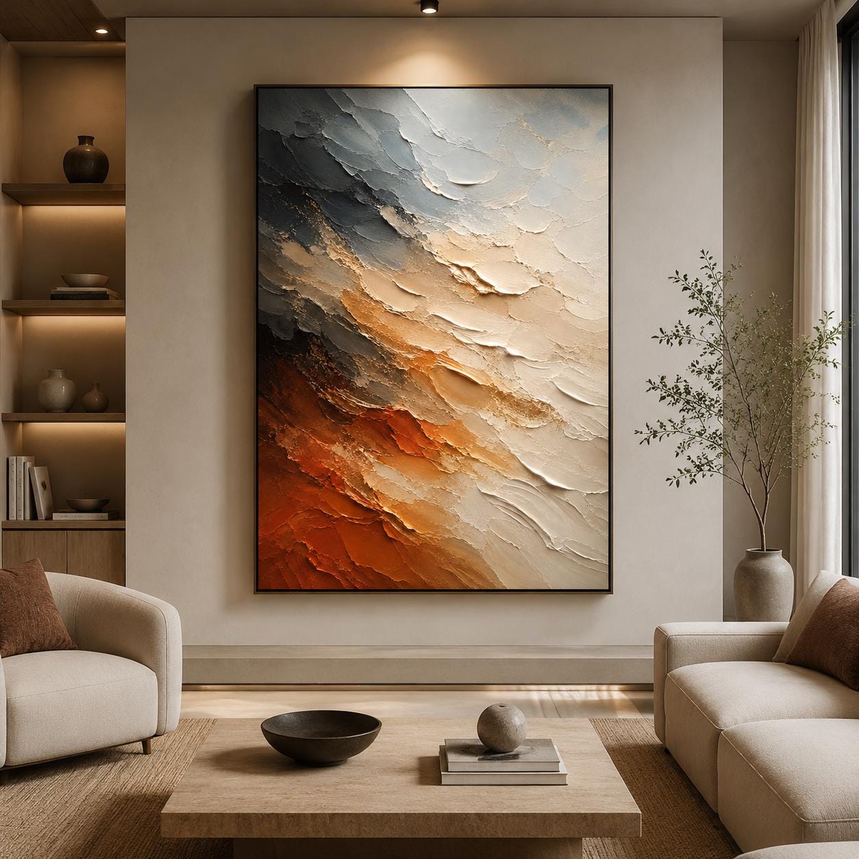 Textured Abstract Neutral Canvas Painting, Layered Impasto Artwork