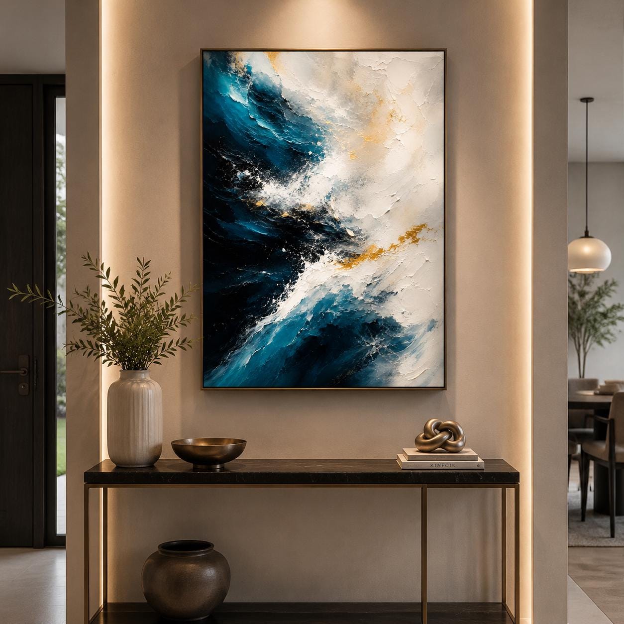 Textured Ocean Abstract Painting, Blue & White Canvas Art