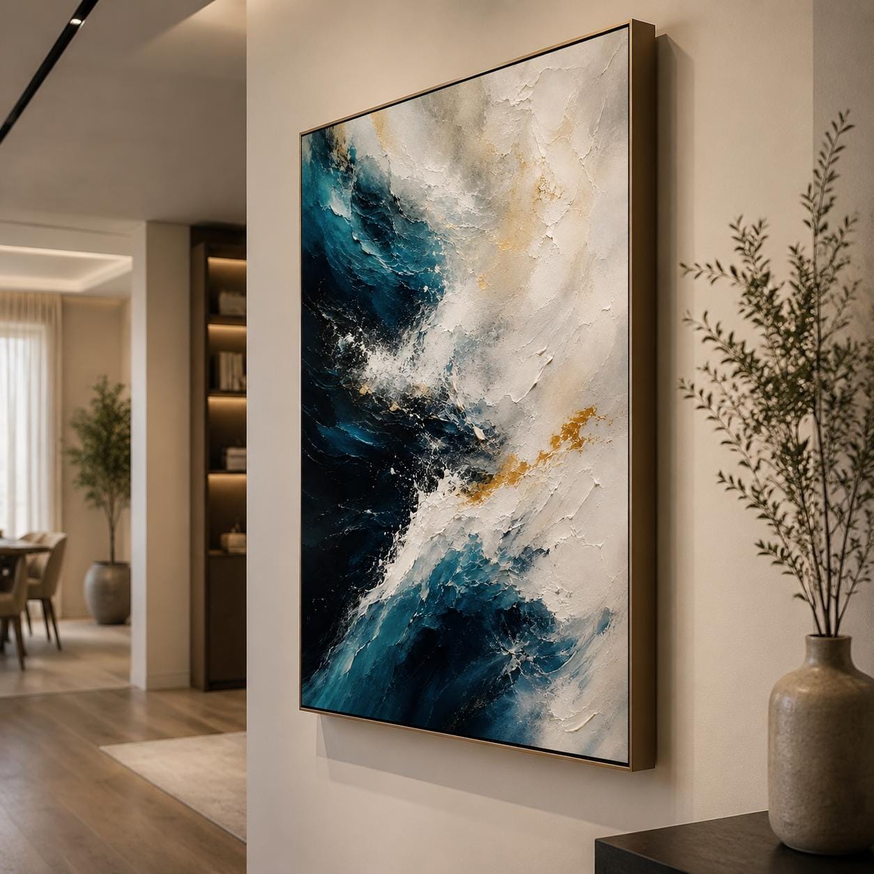 Textured Ocean Abstract Painting, Blue & White Canvas Art
