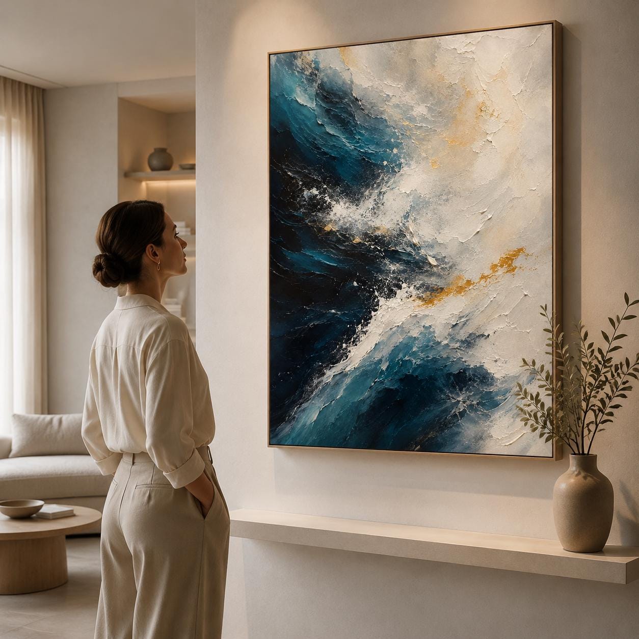 Textured Ocean Abstract Painting, Blue & White Canvas Art