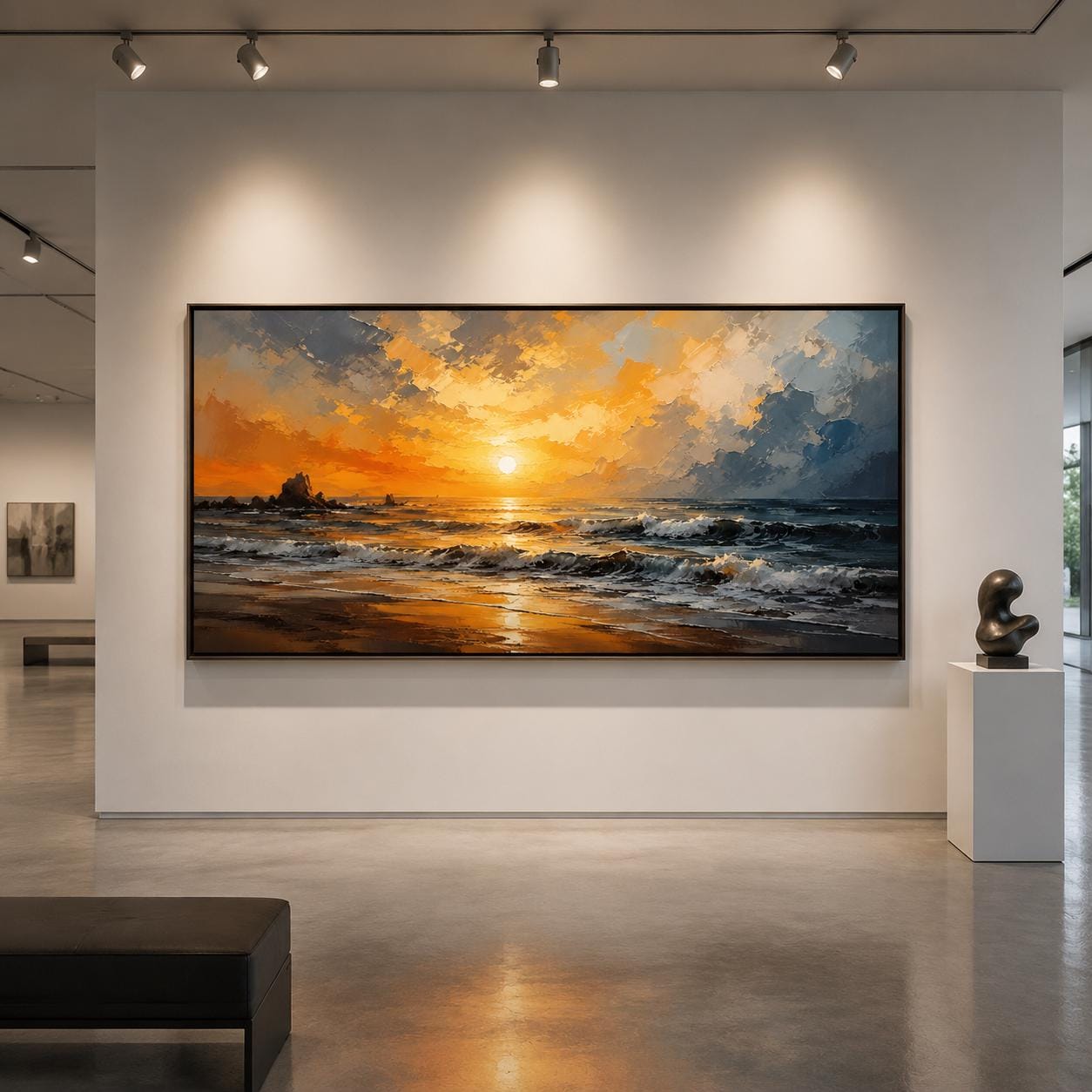 Textured Ocean Sunset Painting, Seascape Canvas Art, Palette Knife Artwork