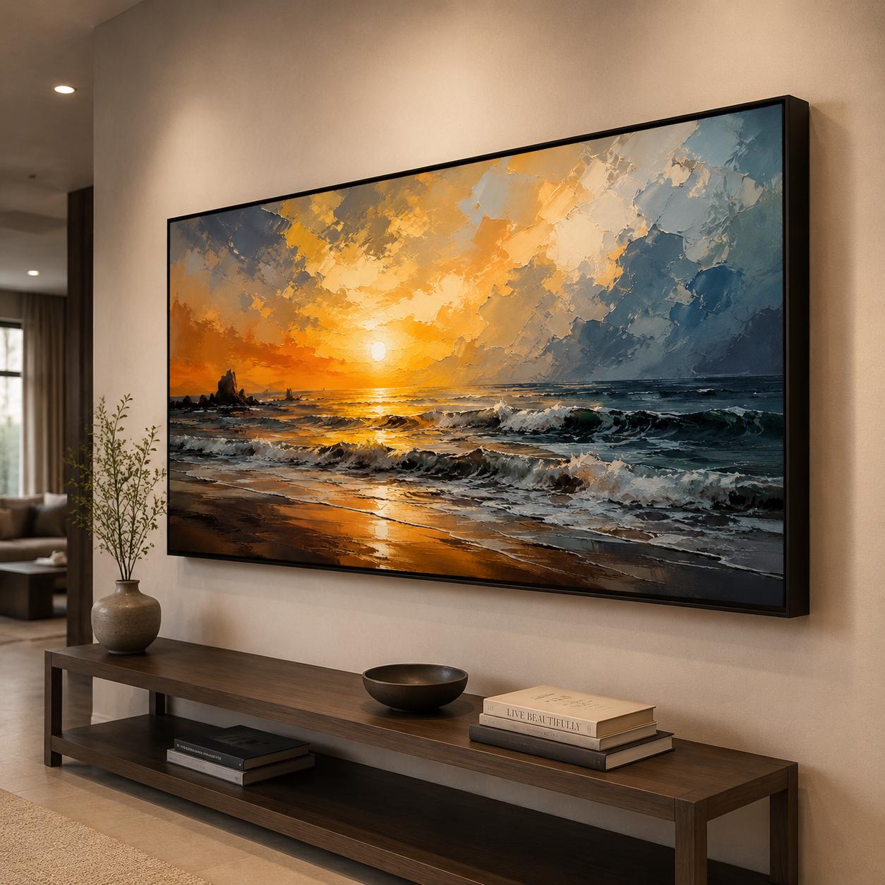 Textured Ocean Sunset Painting, Seascape Canvas Art, Palette Knife Artwork