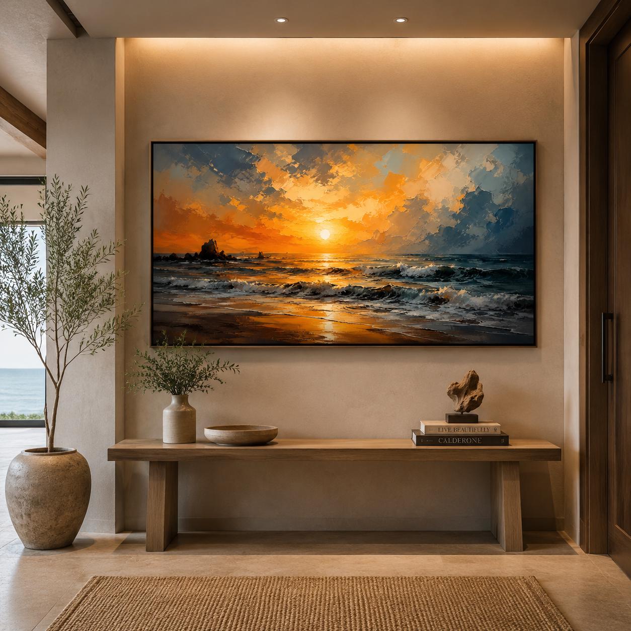 Textured Ocean Sunset Painting, Seascape Canvas Art, Palette Knife Artwork