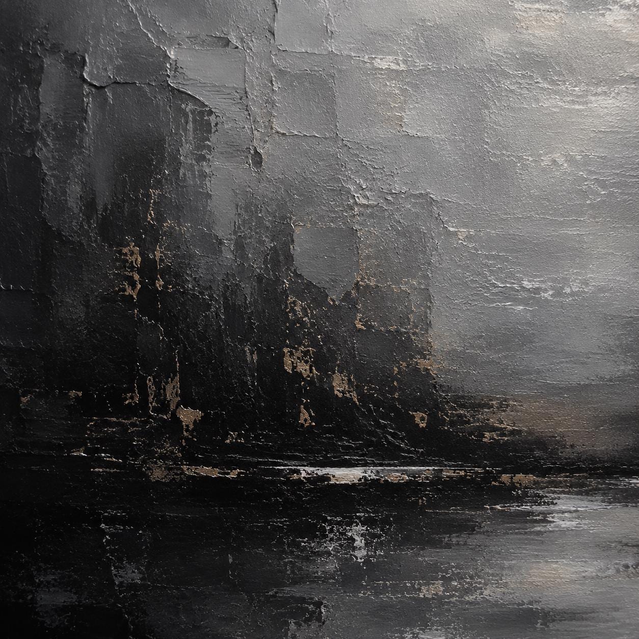 Textured Abstract Moody Landscape Painting, Dark & Neutral Impasto Canvas