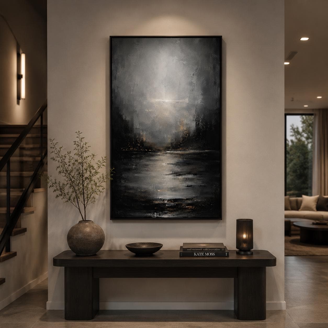 Textured Abstract Moody Landscape Painting, Dark & Neutral Impasto Canvas