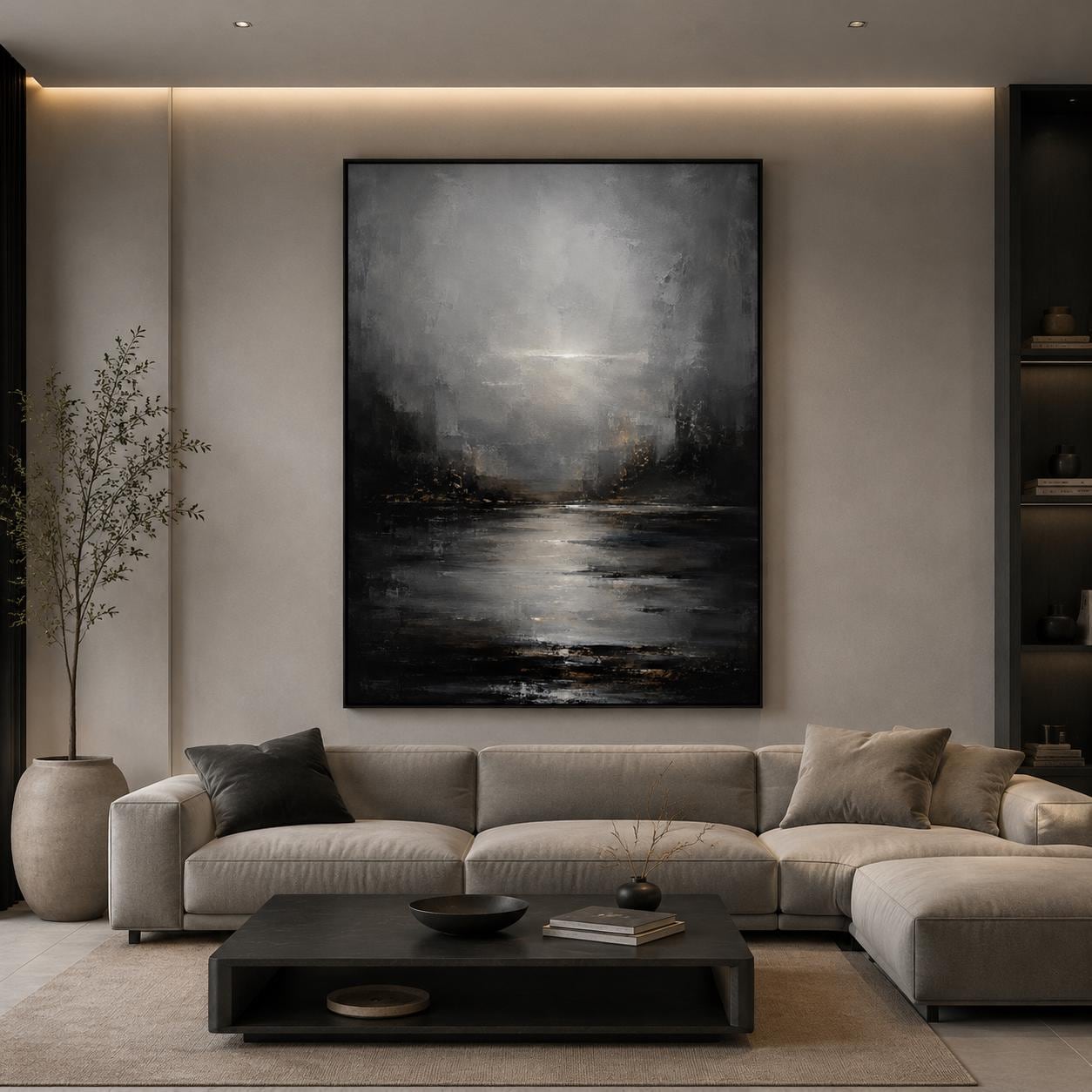 Textured Abstract Moody Landscape Painting, Dark & Neutral Impasto Canvas