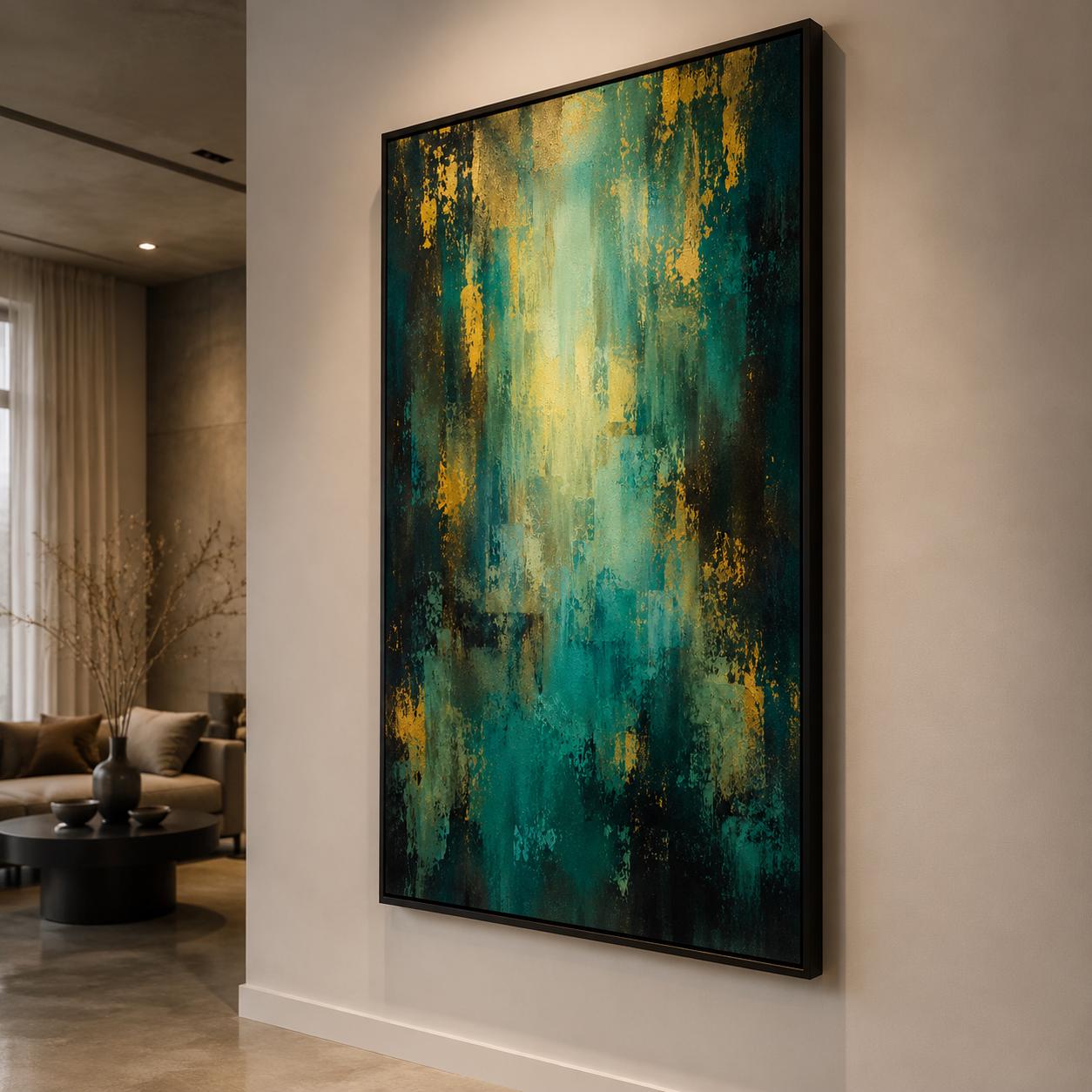 Textured Abstract Teal & Gold Painting, Impasto Canvas Art