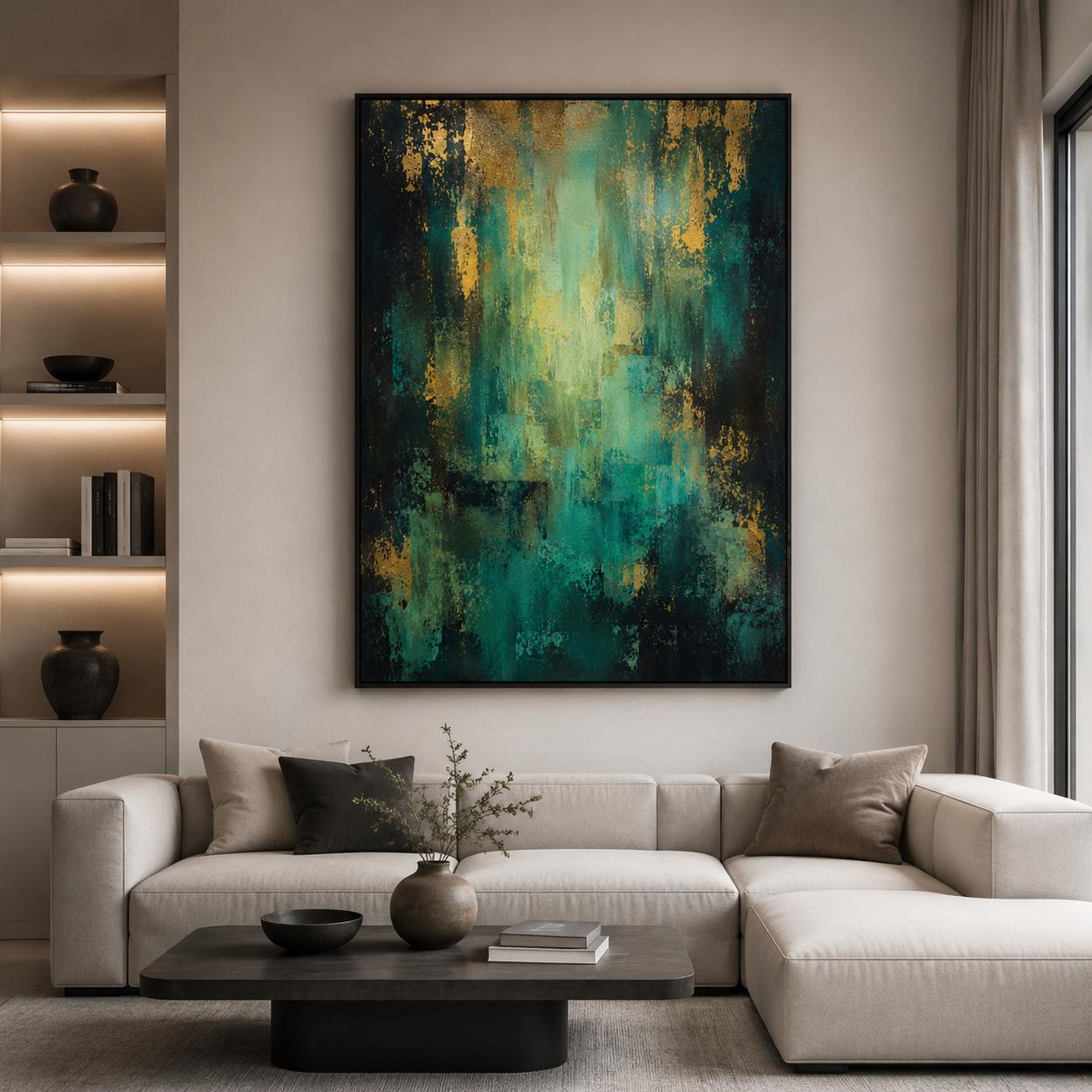 Textured Abstract Teal & Gold Painting, Impasto Canvas Art