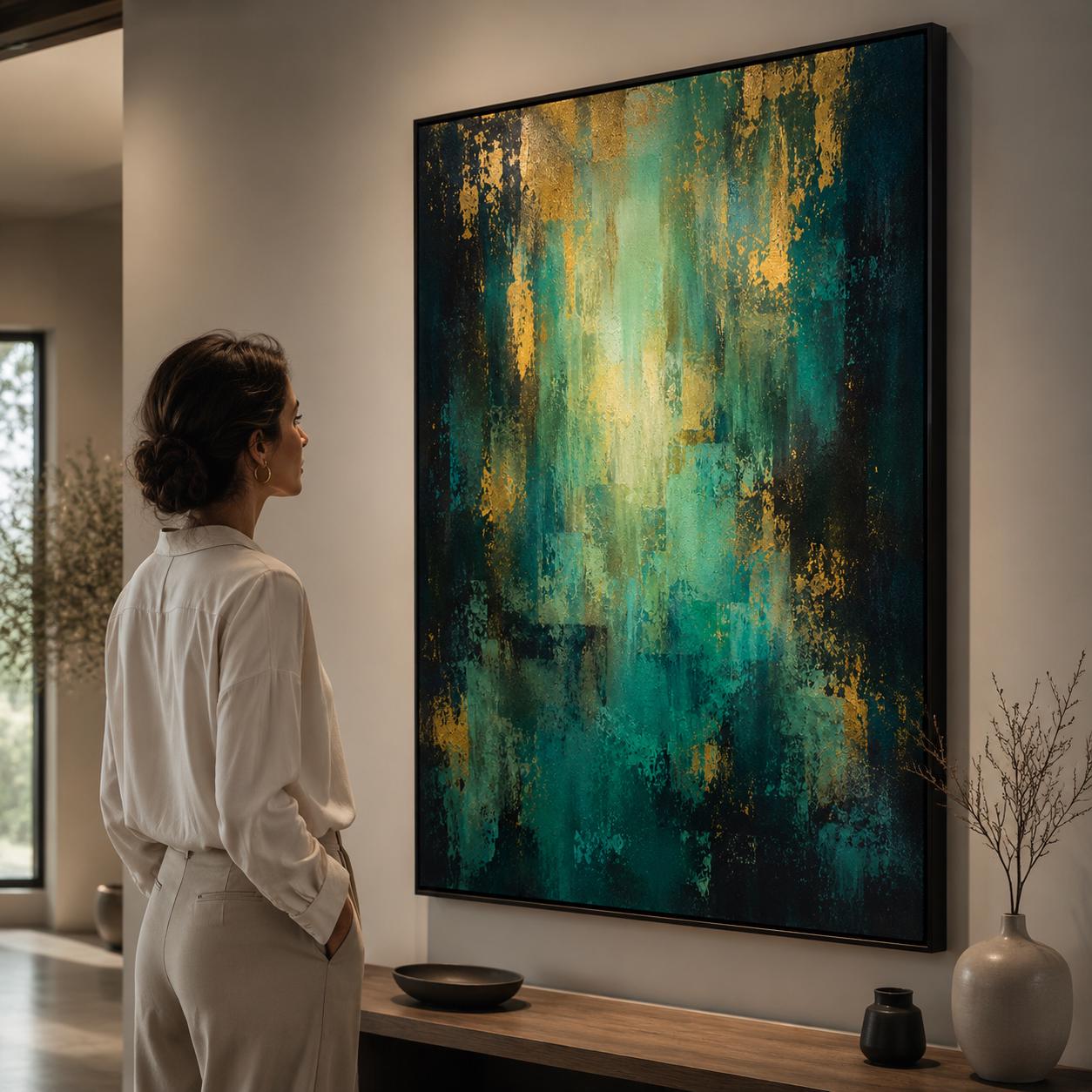 Textured Abstract Teal & Gold Painting, Impasto Canvas Art
