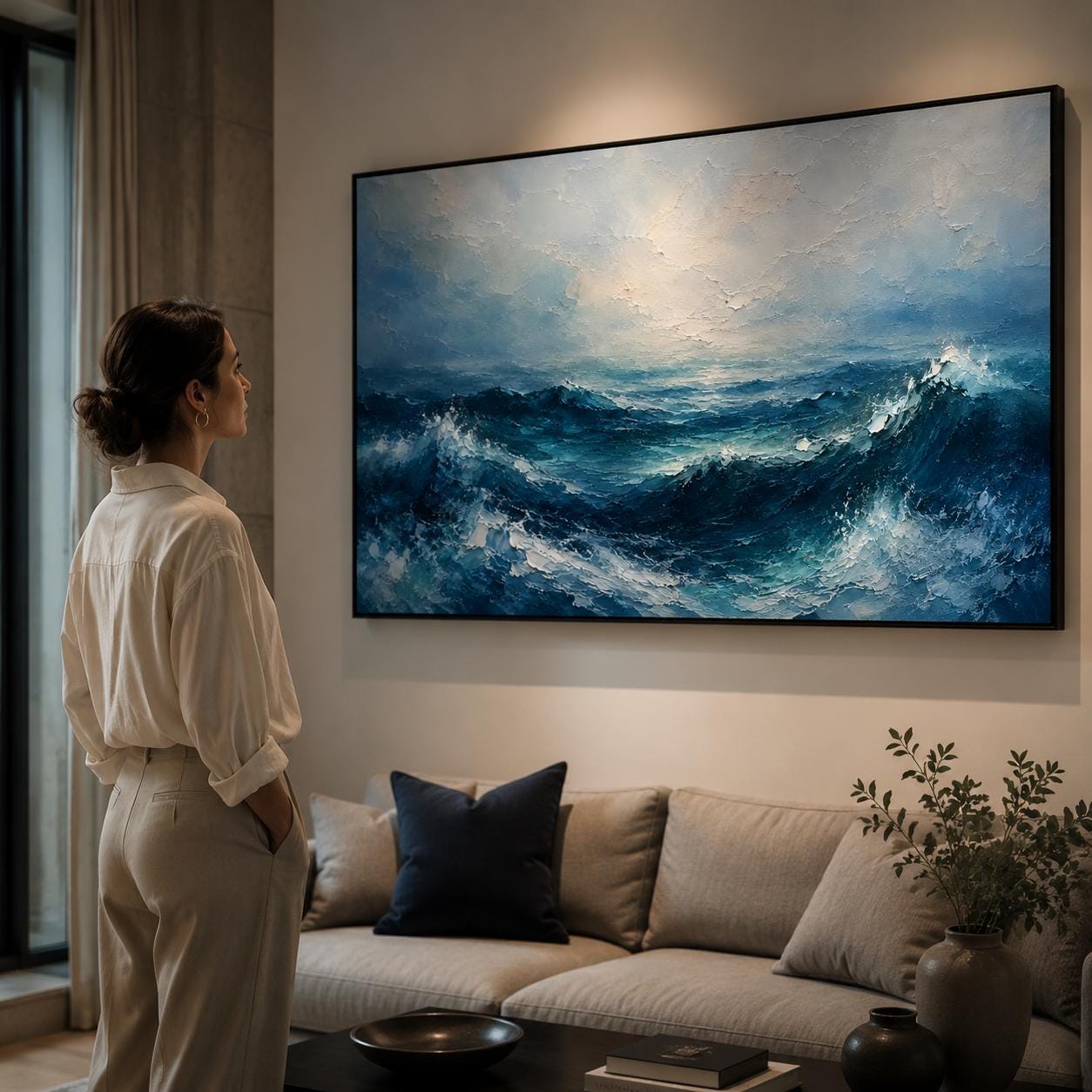 Textured Stormy Sea Painting, Impasto Ocean Canvas Art