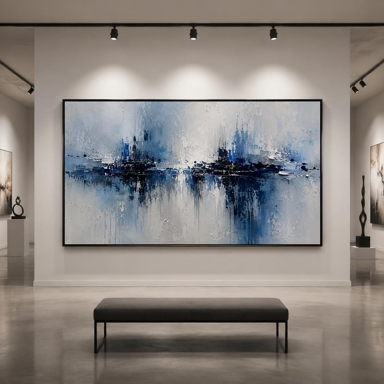 Textured Blue & White Abstract Painting, Impasto Canvas Art