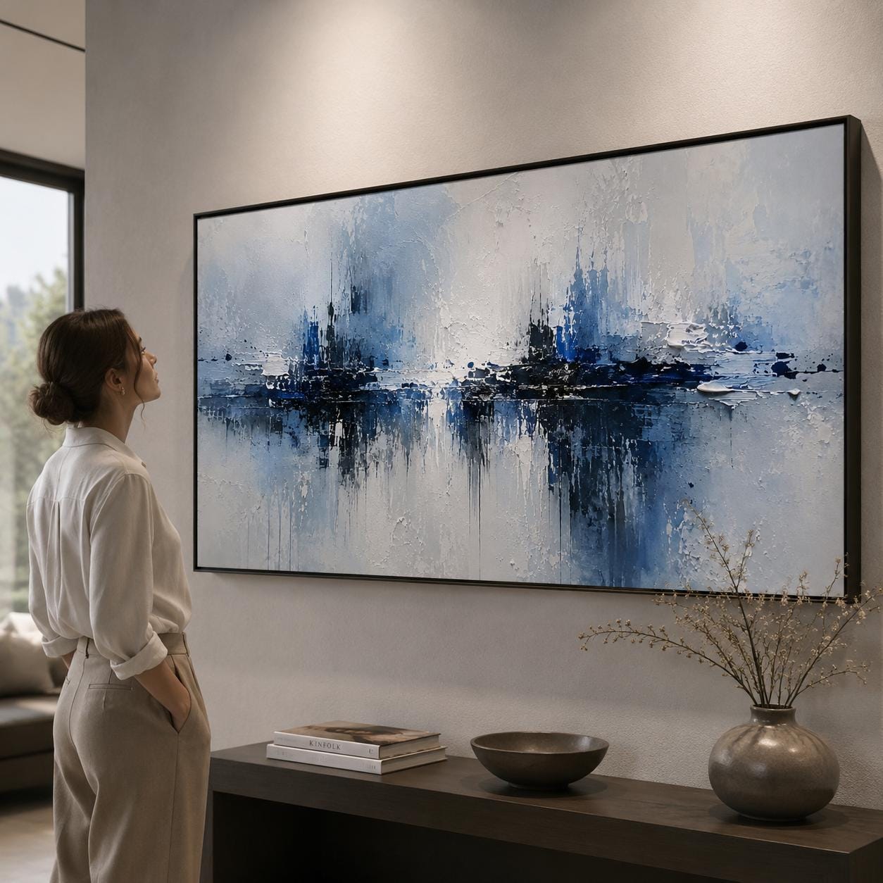 Textured Blue & White Abstract Painting, Impasto Canvas Art