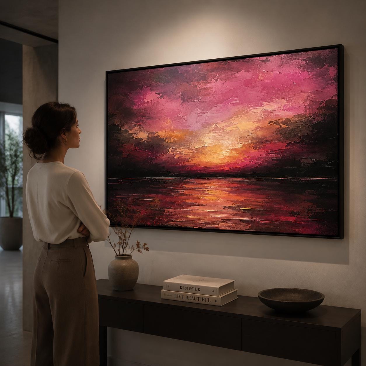Textured Sunset Sea Painting, Pink & Purple Impasto Canvas Art