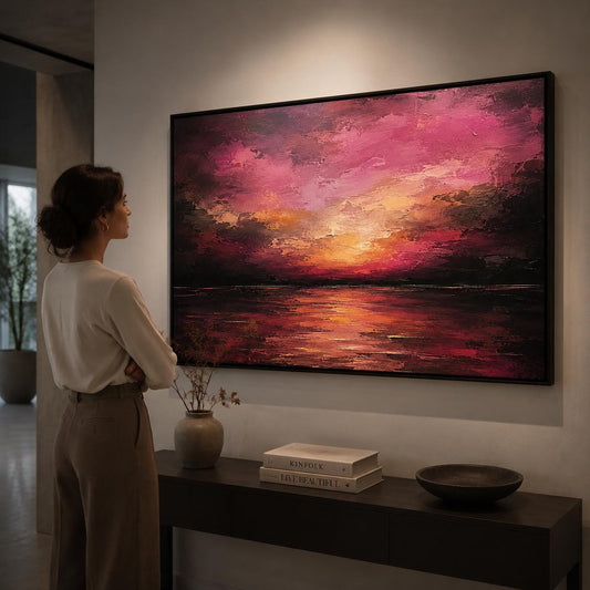 Textured Sunset Sea Painting, Pink & Purple Impasto Canvas Art