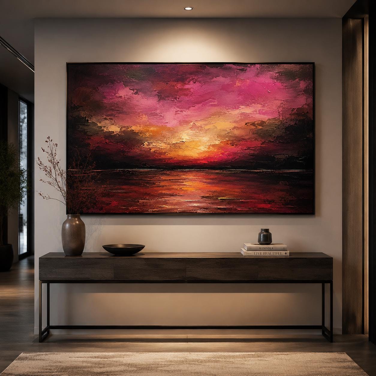 Textured Sunset Sea Painting, Pink & Purple Impasto Canvas Art