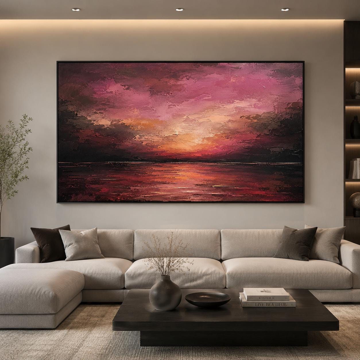 Textured Sunset Sea Painting, Pink & Purple Impasto Canvas Art