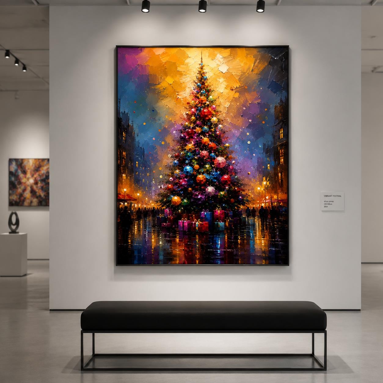 Colorful Christmas Tree Abstract Canvas – Impasto Holiday Wall Art, Cityscape Evening Scene