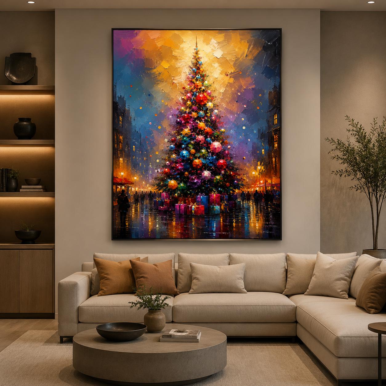 Colorful Christmas Tree Abstract Canvas – Impasto Holiday Wall Art, Cityscape Evening Scene