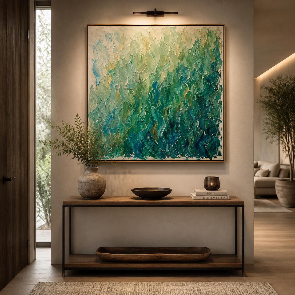 Textured Green Abstract Canvas Art – Modern Impasto Painting for Living Room Office Decor