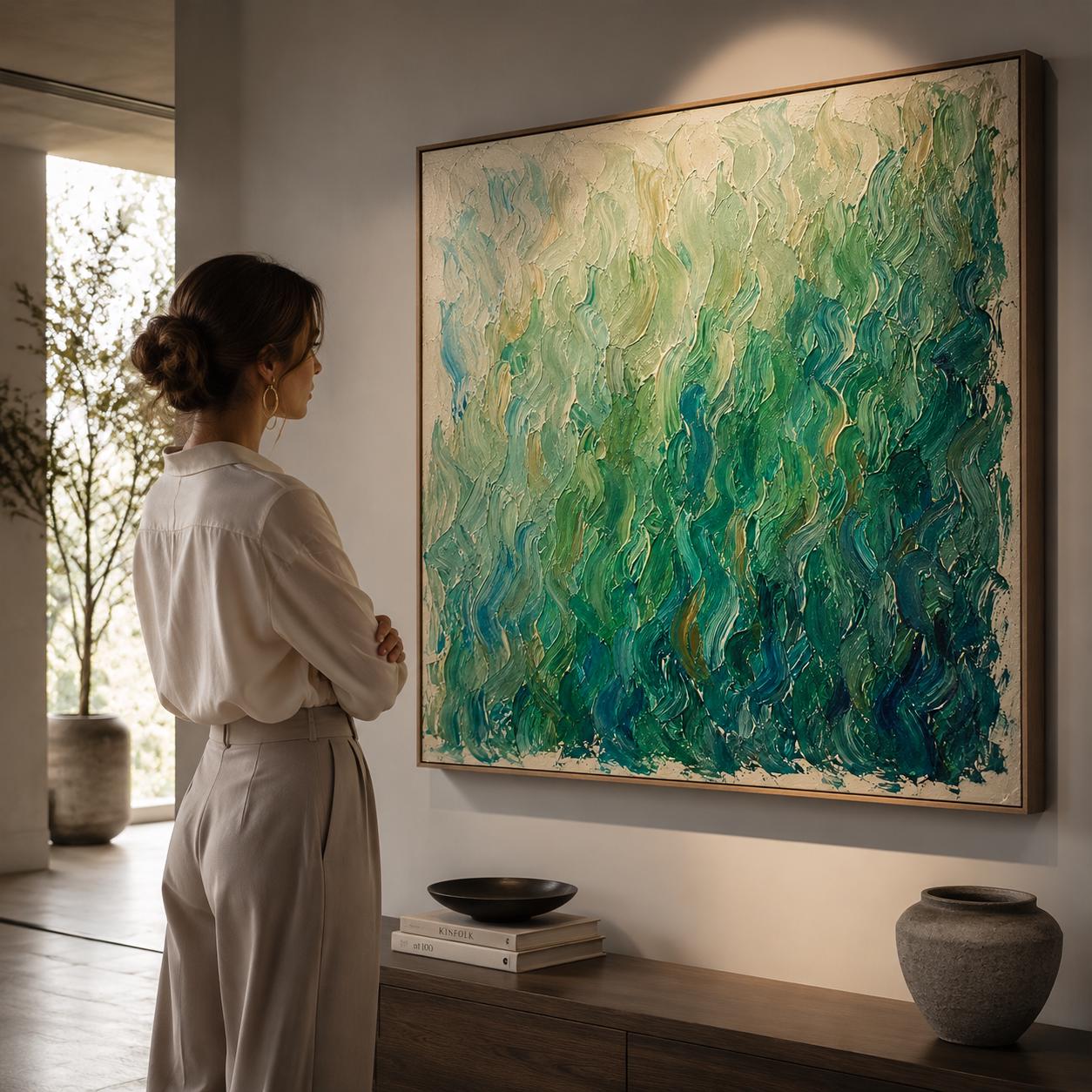 Textured Green Abstract Canvas Art – Modern Impasto Painting for Living Room Office Decor